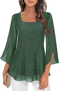 Syphiby Damen-Blusen mit Rüschen, 3/4-Ärmel, Tunika, Tops, locker, fließend, quadratischer Ausschnitt, Chiffon, doppellagig, Netzhemden, M-3XL