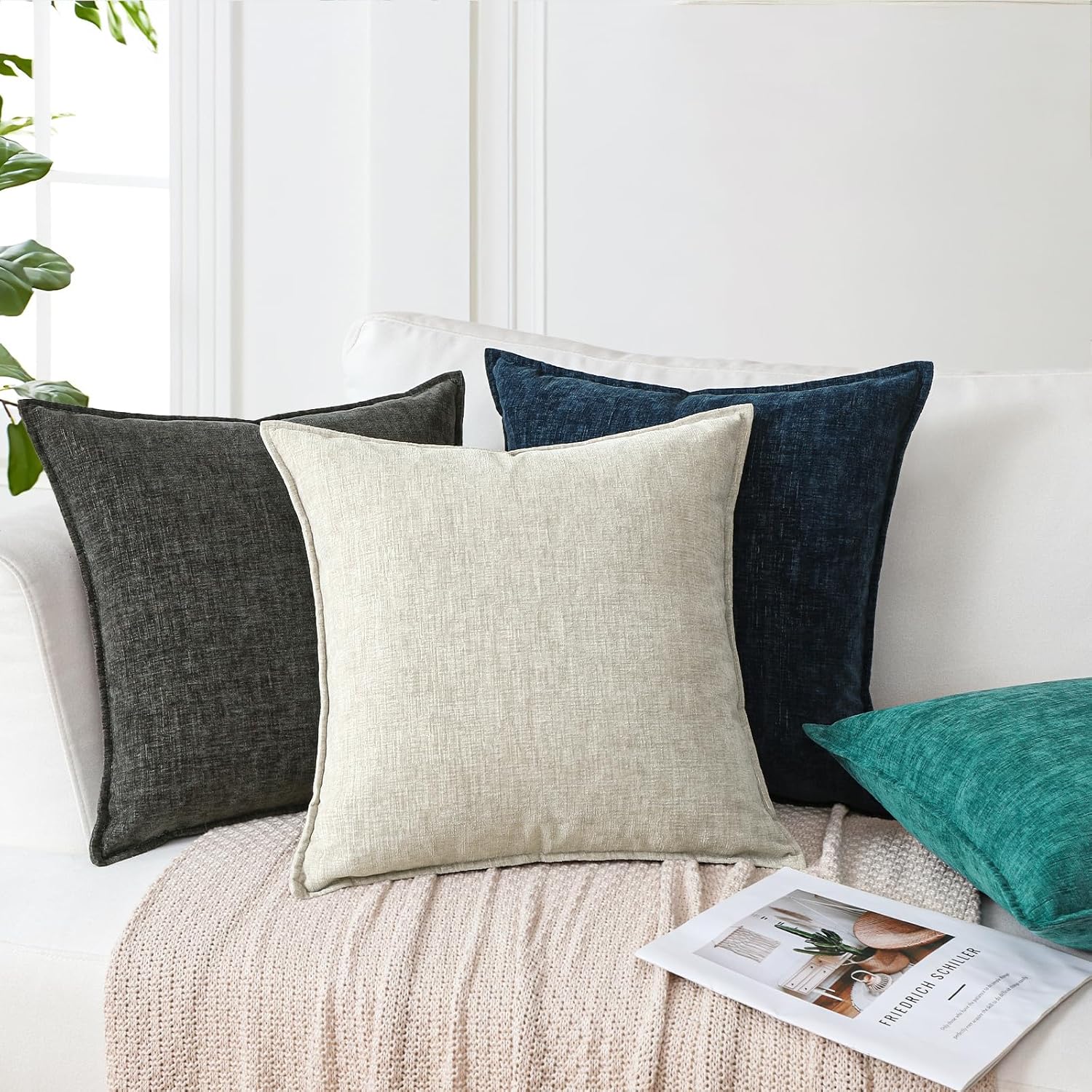Sungeek Set of 2 Chenille Cushion Covers, Soft Decorative Cushion Covers, Wrapped Edge Cushion Cover, Decorative Cover, Plain Cushion Cover for Sofa, Bedroom, Living Room (60 x 60 cm, Beige)