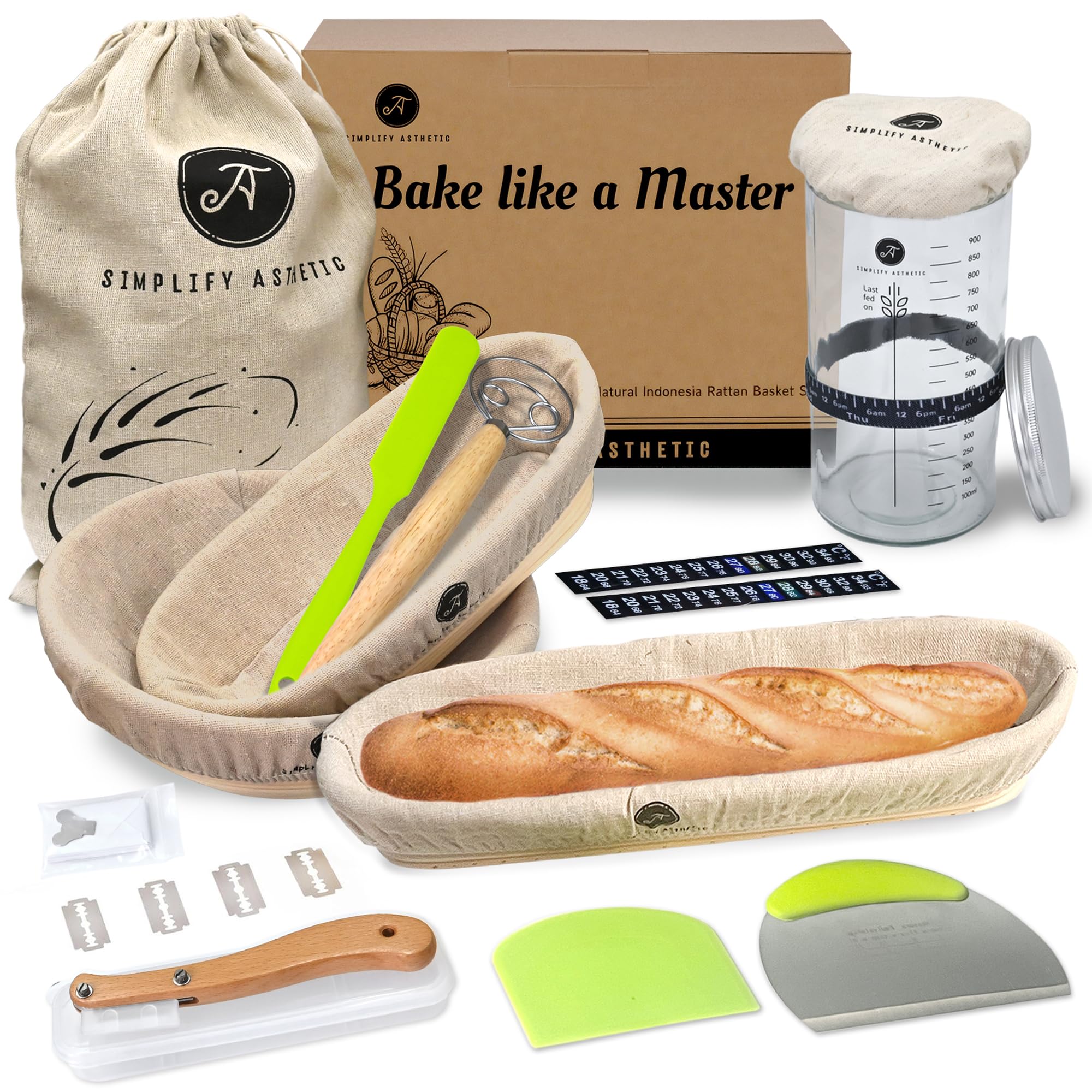 Banneton Brotgärkorb-Set – Brotbackzubehör – Brotbackzubehör – Brotbackwerkzeuge und Zubehör – Gärkörbe für Sauerteig, Brotbacken, Set von 7.6–22.9 cm, rund, 38.1 cm, Baguette mit 4 Backwerkzeugen