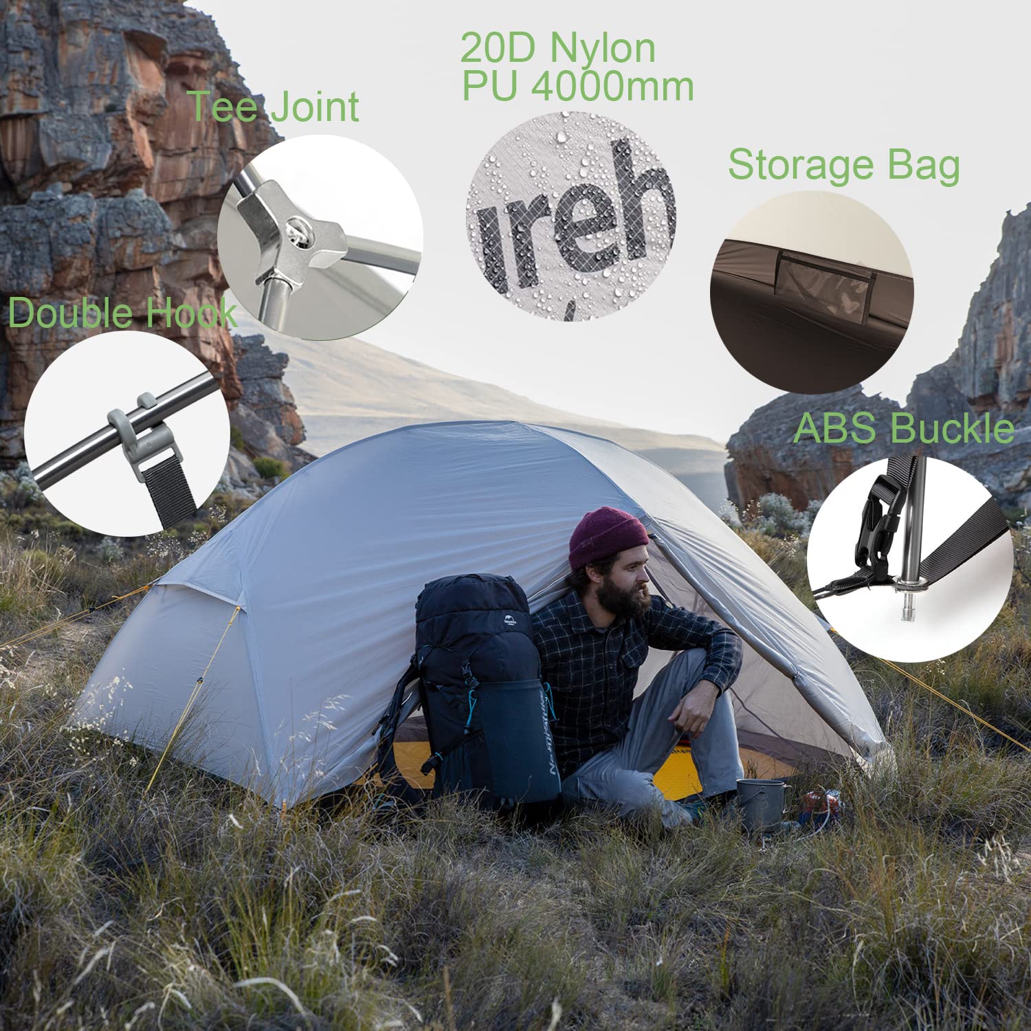 Naturehike Mongar Tenda Da Trekking 2 Persone - Impermeabile 3000mm, Leggera 2.4kg, Doppio Strato