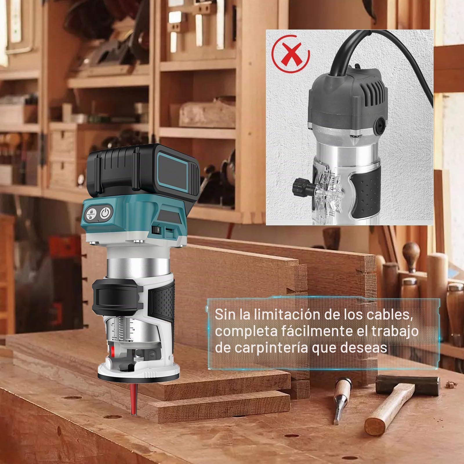 Batería Fresadora de superficie compatible con Makita Batería de 18 V, Cortador de madera sin cepillos de 800 W con 16 piezas de 1/4" Metal duro Conjunto de fresadoras (sin batería y sin cargador)