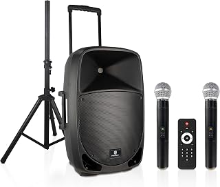 PRORECK Freedom 12 1200W Portable PA Speaker with Battery, 2 Wireless Mics, Bluetooth, Remote - Party Karaoke DJ Events