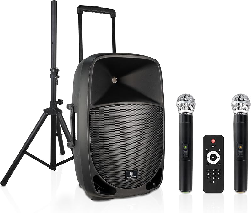 PRORECK Sistema de parlantes PA/DJ portátil de 12 pulgadas, 1200 W, con batería recargable, 2 micrófonos inalámbricos, Bluetooth, USB, SD, radio FM, control remoto, soporte de parlante para fiestas, karaoke, discursos, al aire libre