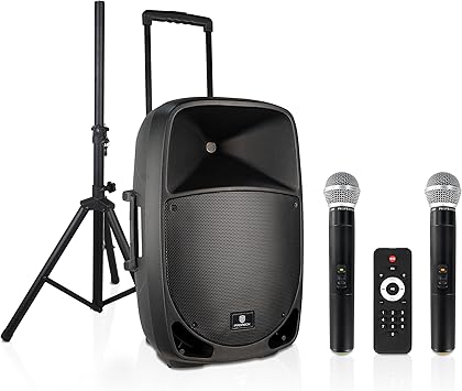 PRORECK Portable 12 Inch 1200W Powered PA/DJ Speaker System with Rechargeable Battery, 2 Wireless Mics, Bluetooth, USB, SD, FM Radio, Remote, Speaker Stand for Parties, Karaoke, speeches, Outdoor
