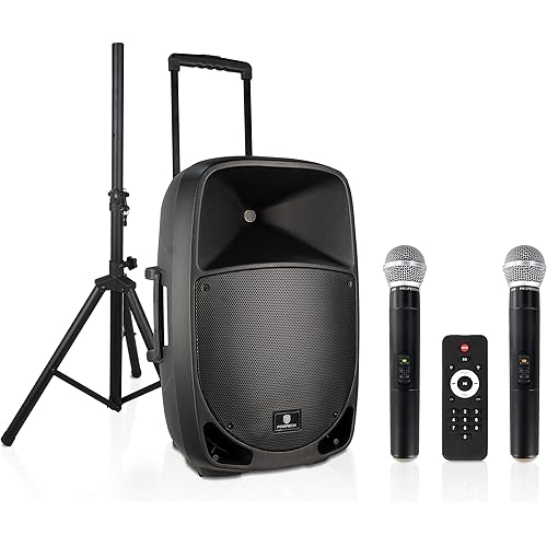 Portable 15" 1600W 2-Way Rechargeable Powered Dj PA Speaker System with Bluetooth, Rechargeable Battery, 2 Wireless Mics, USB, SD, FM Radio, Remote & Speaker Stand for Parties, Events, gigs, Outdoor