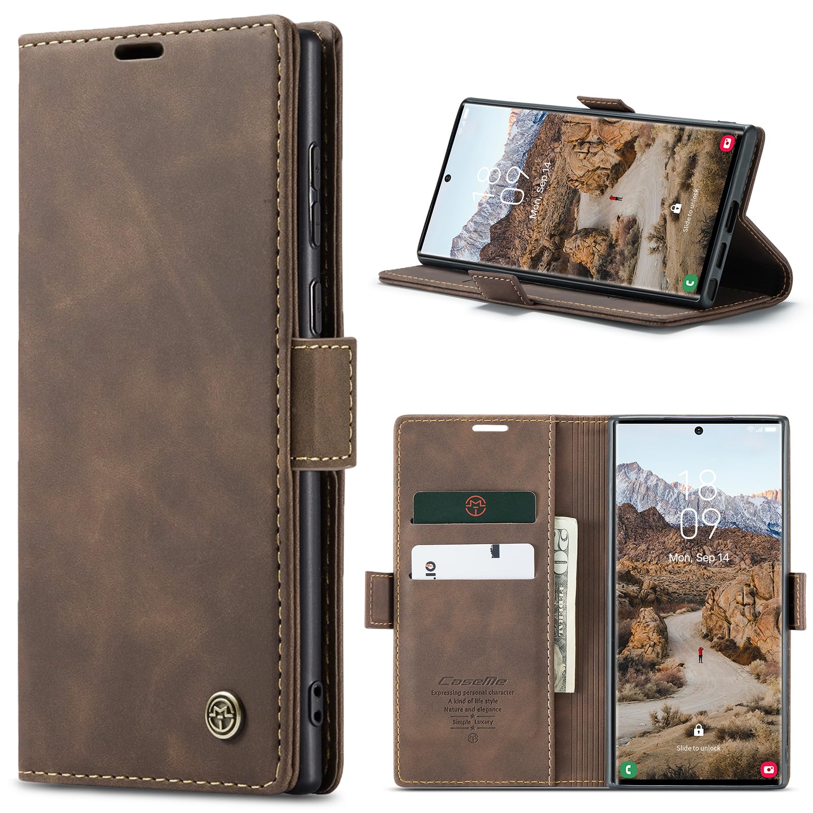 Azororo Cover per Samsung Galaxy S24 Ultra 5G, Premium PU Pelle Custodia, Magnetica Carta Fessura Portafoglio Case, Flip Cavalletto Custodia per Samsung Galaxy S24 Ultra- Caffè