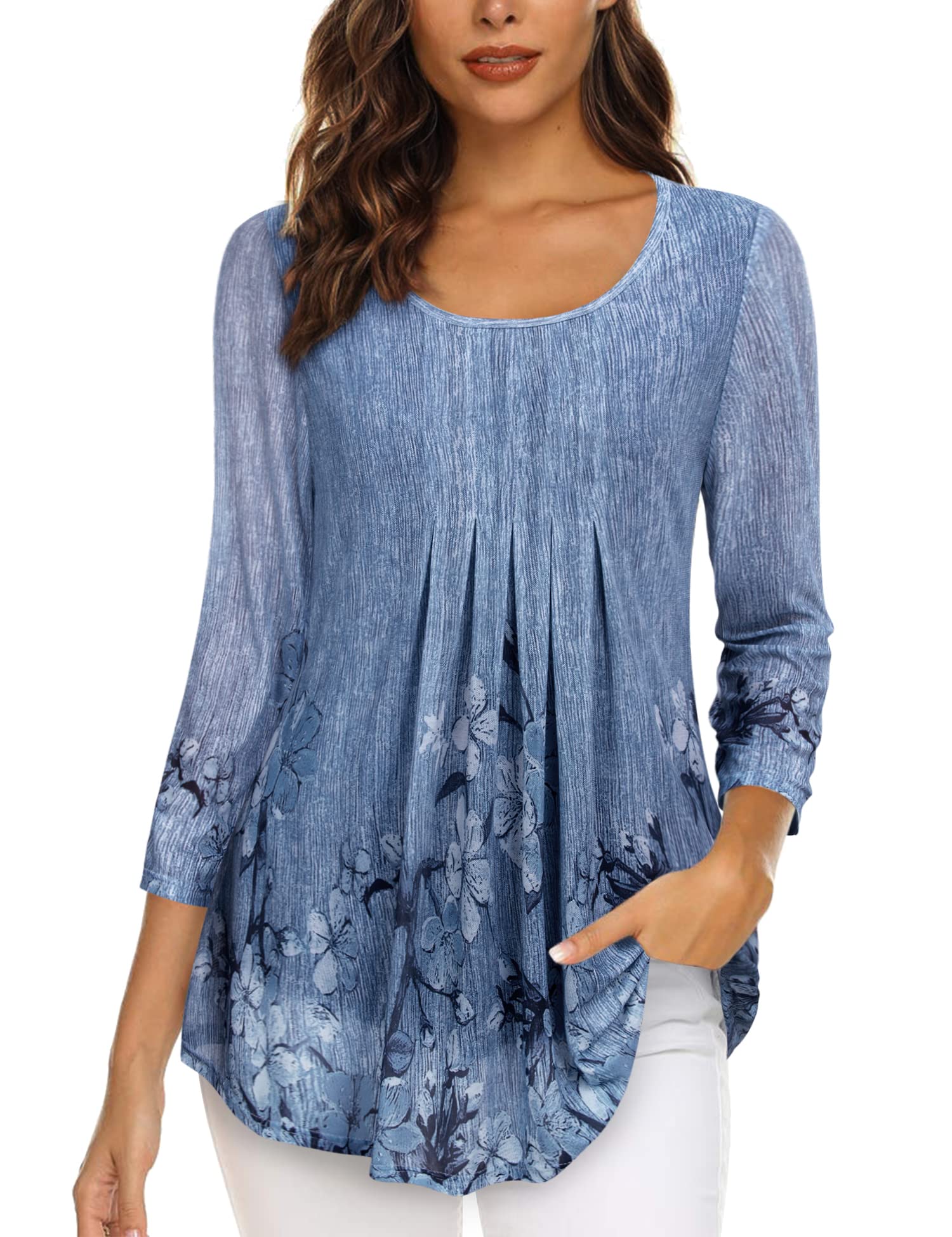 Women's Casual 3/4 Sleeve Tunic Tops Floral Double Layers Blouses Loose Fit Pleated Mesh Shirts