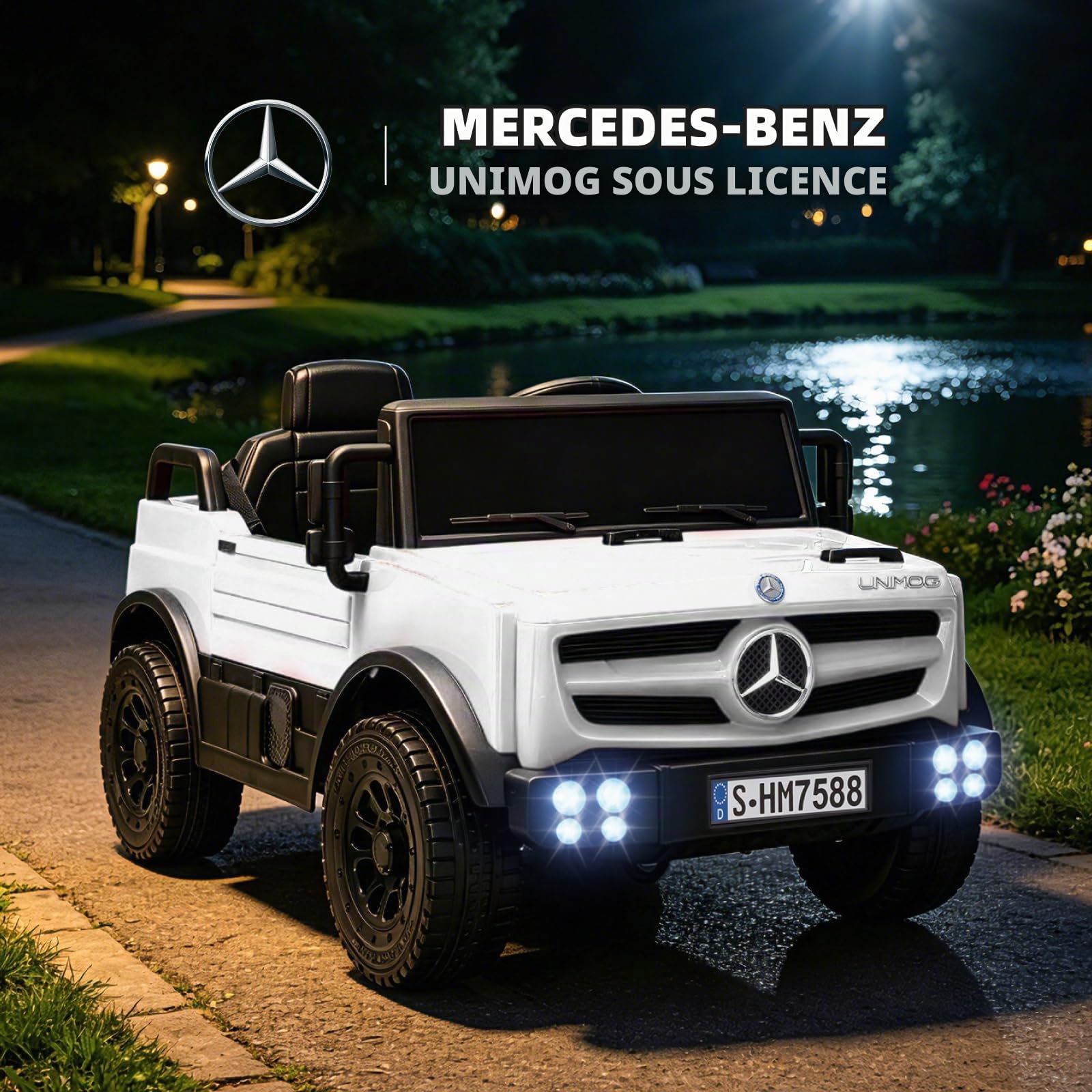 TCARAIWEN Voiture Électrique Enfant Mercedes-Benz Unimog sous Licence, Voiture Enfant 12V pour 3-6 Ans, Véhicule avec Télécommande, Ceinture 3 Points, Bluetooth, 5 km/h (Blanc)