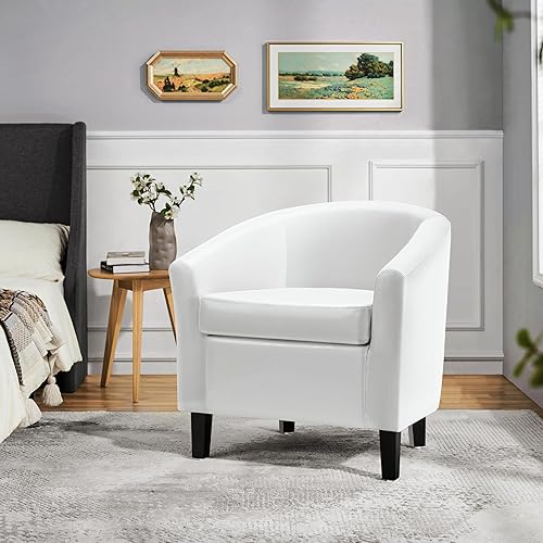 Miniatura 4 de Yaheetech Silla de cuero blanco, silla acentuada de cuero sintético, silla moderna de barril, silla de club cómoda con patas suaves acolchadas y
