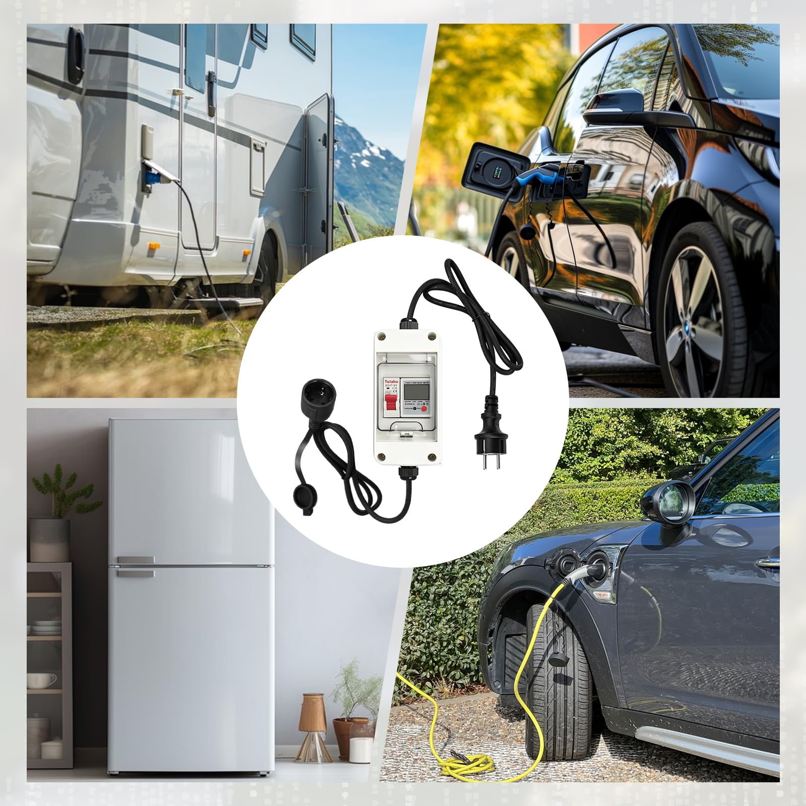 Mobiler Digitaler Stromzähler 80A 230V, Outdoor Mobiles Messgerät mit IP65 Wasserdichtung 16A LS-Schalter Speicher und Reset Funktion, Tragbar Stromzähler für Wohnmobile und Elektrofahrzeuge