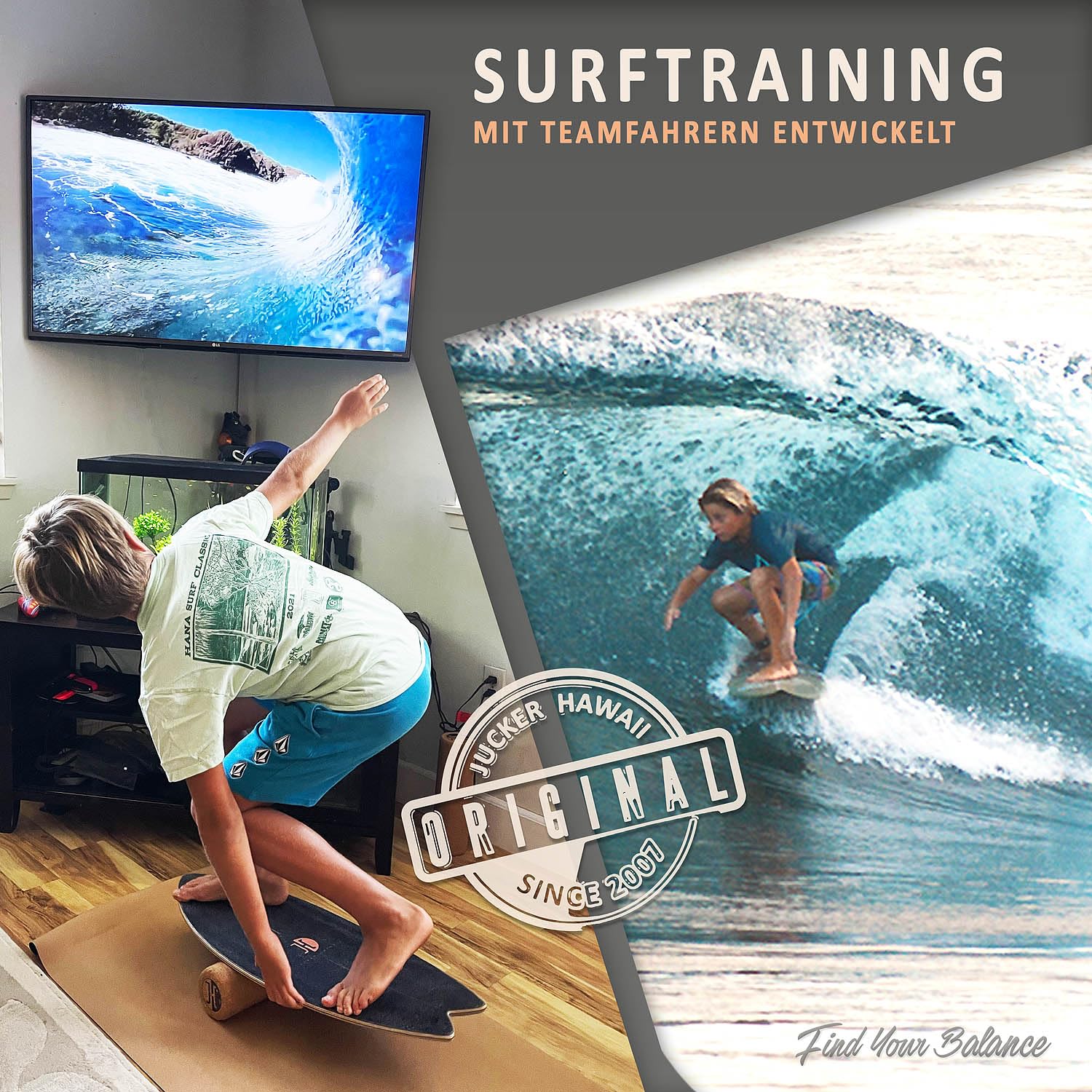 JUCKER HAWAII Balance Boards - Trick & Surf Balanceboard (100% Echtholz) mit extra rutschfester Oberfläche - Find Your Balance