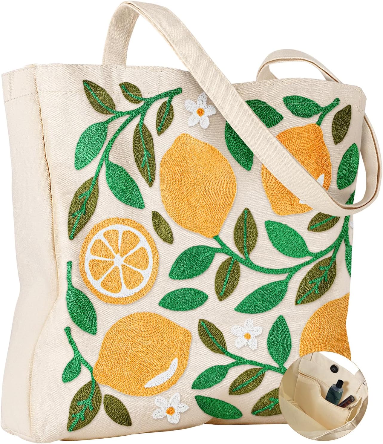 Miss Adola Embroidery Tote Bag with Pocket & Buckle - Reusable Canvas Tote for Women Cute Aesthetic Work Shopping Grocery Bag