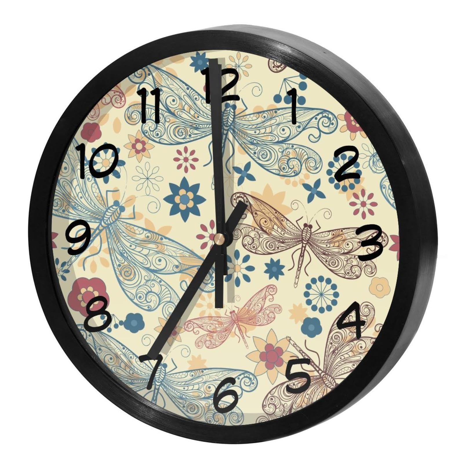 Horloge murale sans tic-tac à quartz décorative ronde au motif de libellule volante