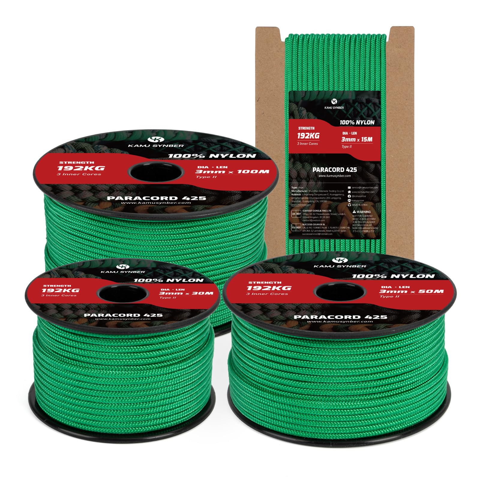 Kamu Synber 425 Paracord 3mm x 15m 100% Nylon Rope 3 Strands Parachute Cord Type II for Outdoor, Crafting, DIY | Support 192kg | Jade Green