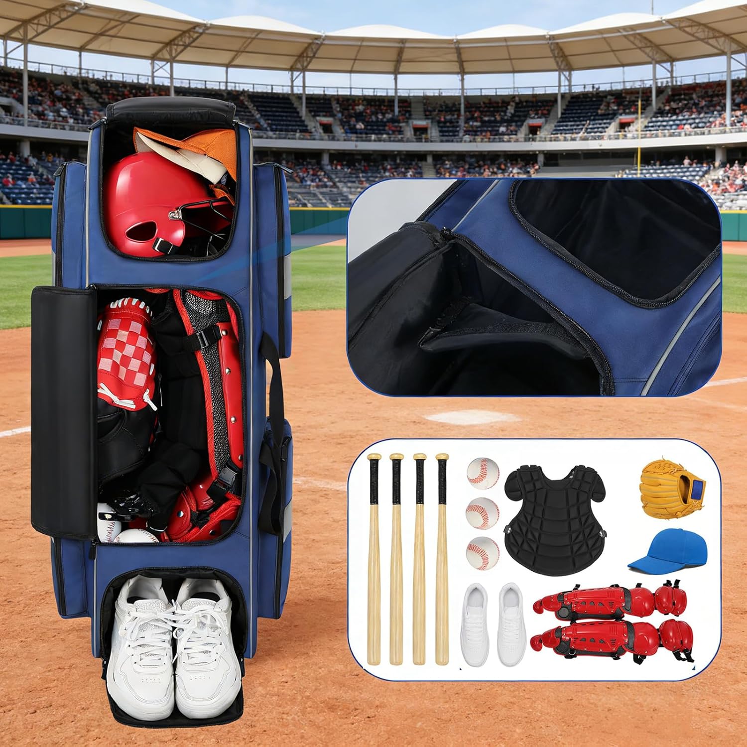 70L Catchers Gear Bag with Wheels, Soft Rolling Baseball & Softball Bag for 4 Bats, Multi-Pockets, Shoe Compartment, Fence Hook, Portable Equipment Bags for Youth & Adult