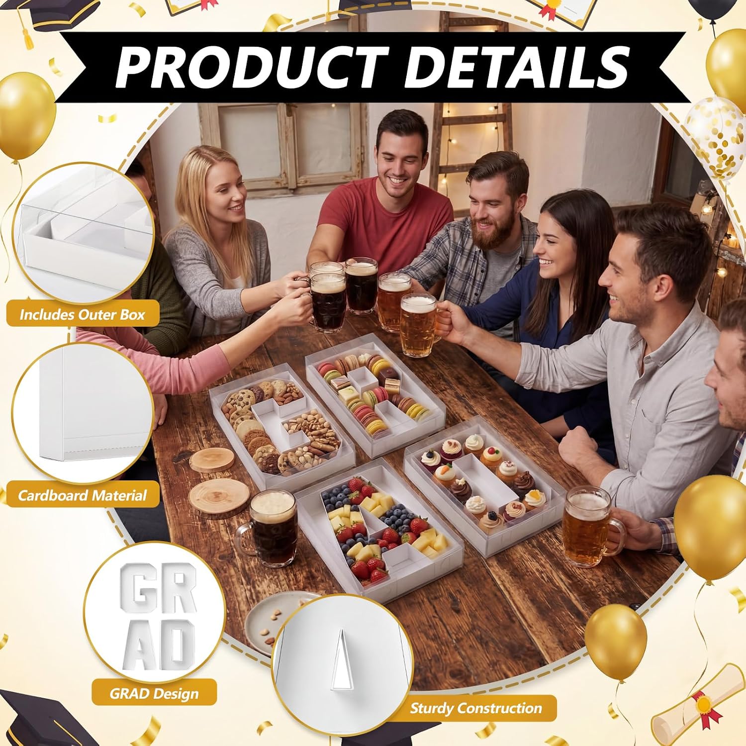 Gueevin 4 Set Grad Charcuterie Letters Fillable with Outer Box and Cards, 10.35'' x 7'' White Grad Cardboard Food Serving Trays, 2026 Graduation Numbers Charcuterie Box for Chocolate Candy Cupcake