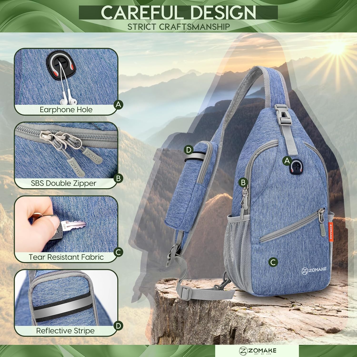 ZOMAKE Sling Bag,Small Crossbody Sling Backpack,Water Resistant Shoulder Daypack for Travel,Anti Thief Chest Bag for Hiking(Light Blue)