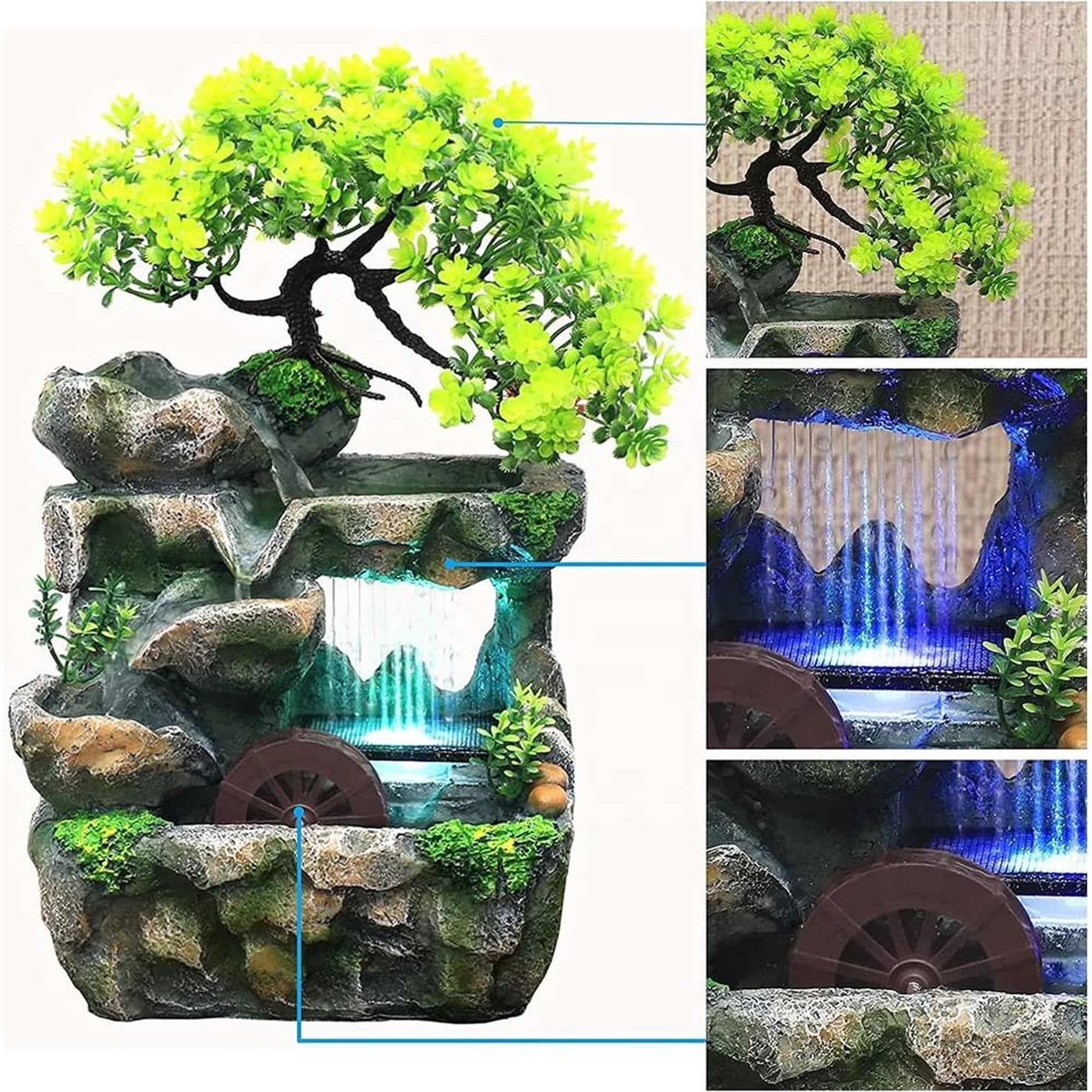 Indoor Tabletop Fountain with LED Lights, Bonsai Tree, Waterfall Design, 30 x 18 x 15 cm-image-5