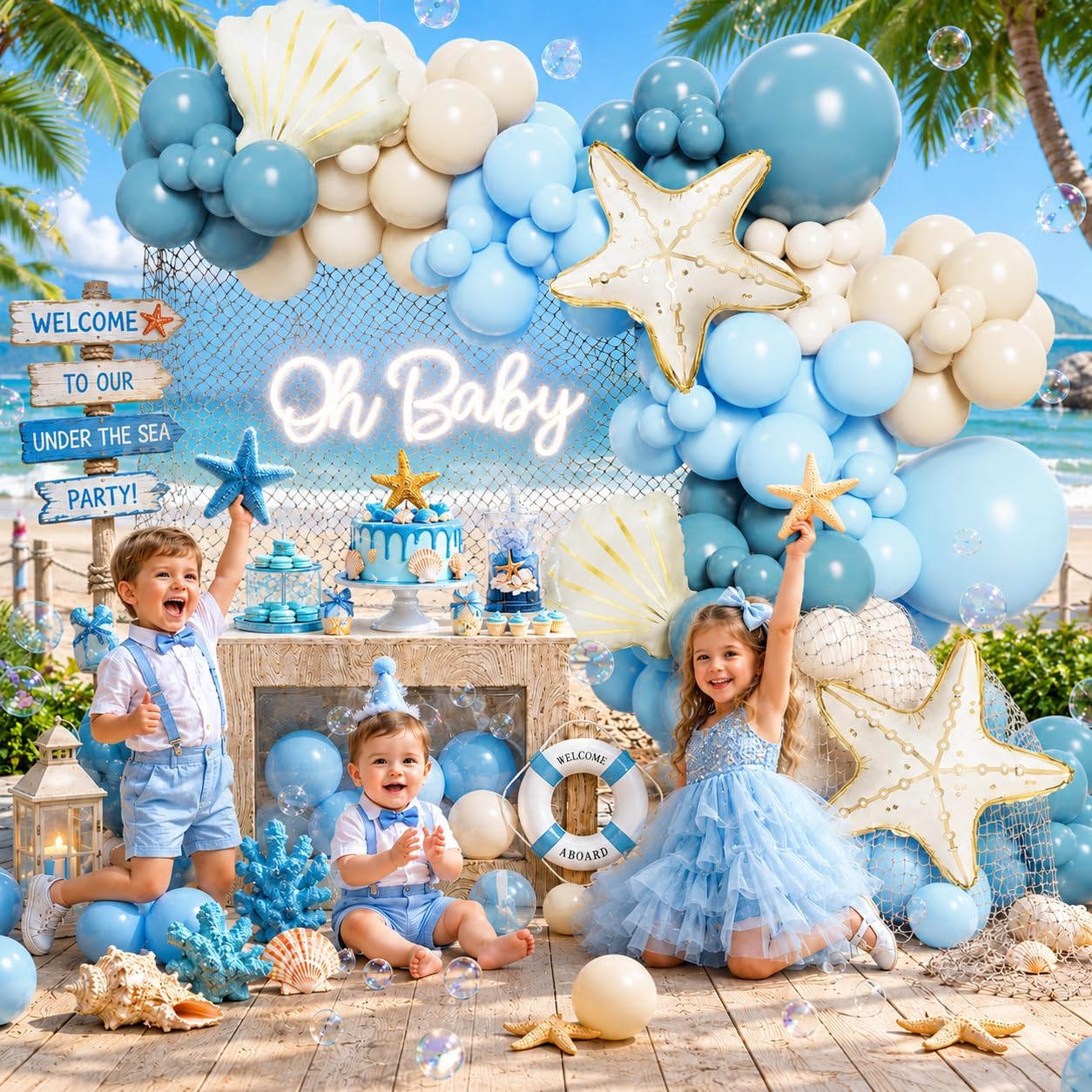 140Pcs Under The Sea Balloon Arch Kit, Blue White Starfish Shell Balloons | Blue Beige White Balloons with Starfish Shell Foil Balloons for Ocean Theme Birthday Baby Shower Sea Beach Party Decorations