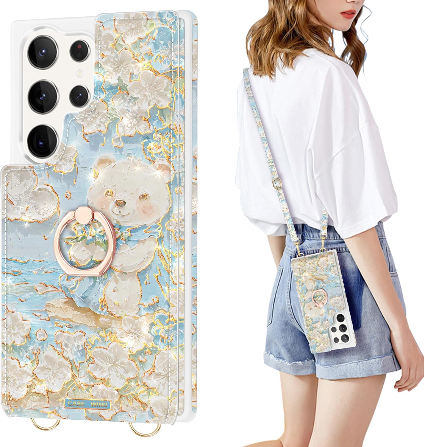 for Samsung Galaxy S24 Ultra Case Wallet Crossbody,Glitter 3D Floral Bear Pattern with 5 Card Holder&Wrist Strap [Screen Protector+Camera Lens Protector] Ring Kickstand Case for Women Girls