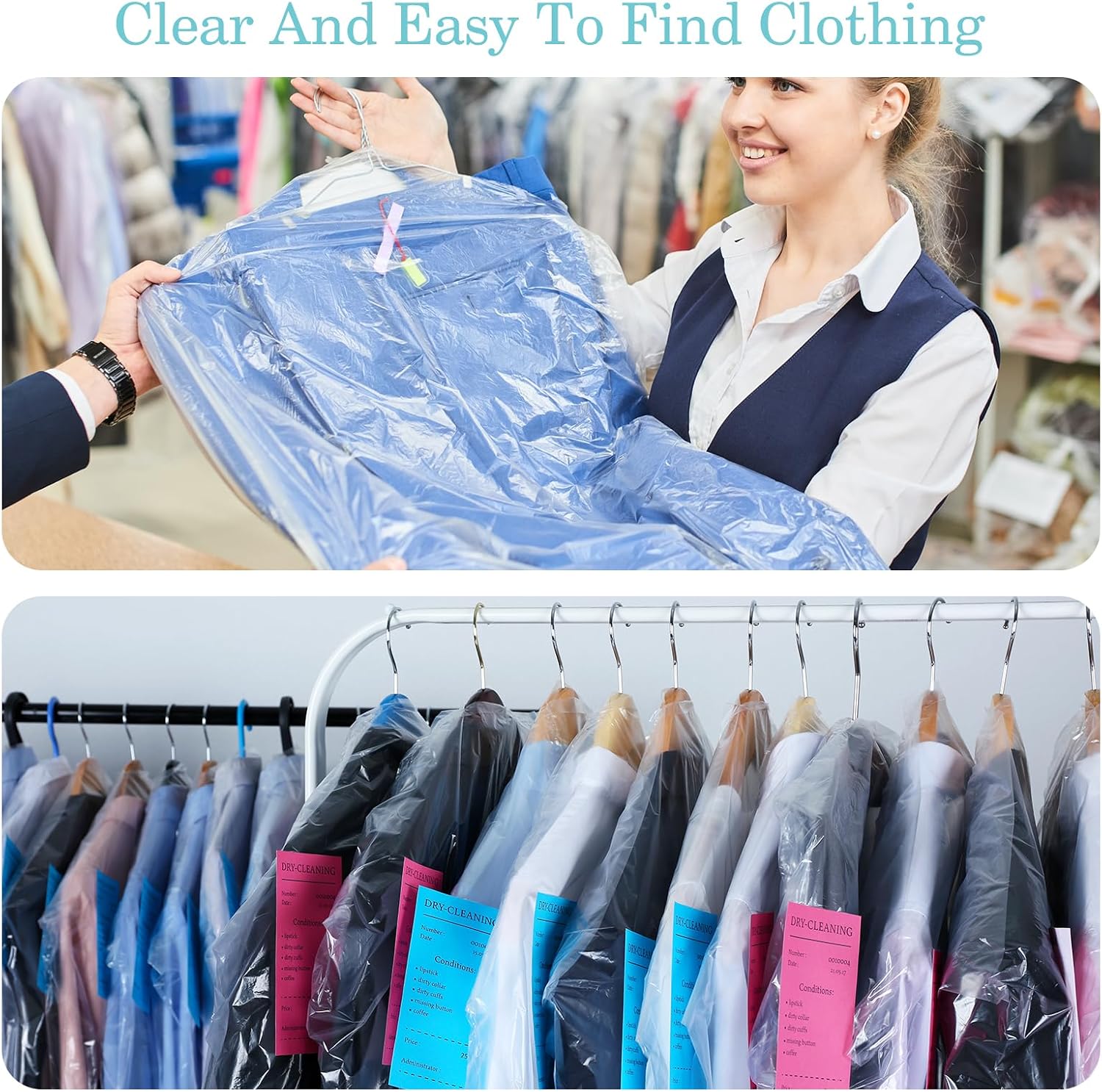 cobee 60x150 cm Garment Bags for Hanging Clothes, 12 Packs Plastic Dry Cleaner Bags, Hanging Dust-Proof Clothing Protector Covers for Long Dresses, Suit, Coat Closet Clothes Storage
