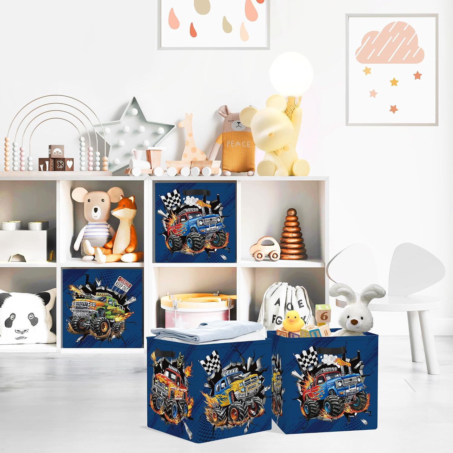 Clastyle 3 pcs Cars Cube Storage Unit Bin with Metal Frame Foldable Kallax Box for Shelves Parents Closet Organizer Basket for Book Clothes Toy Organizer, Off-road Vehicle, 11.8x11.8x11.8 in