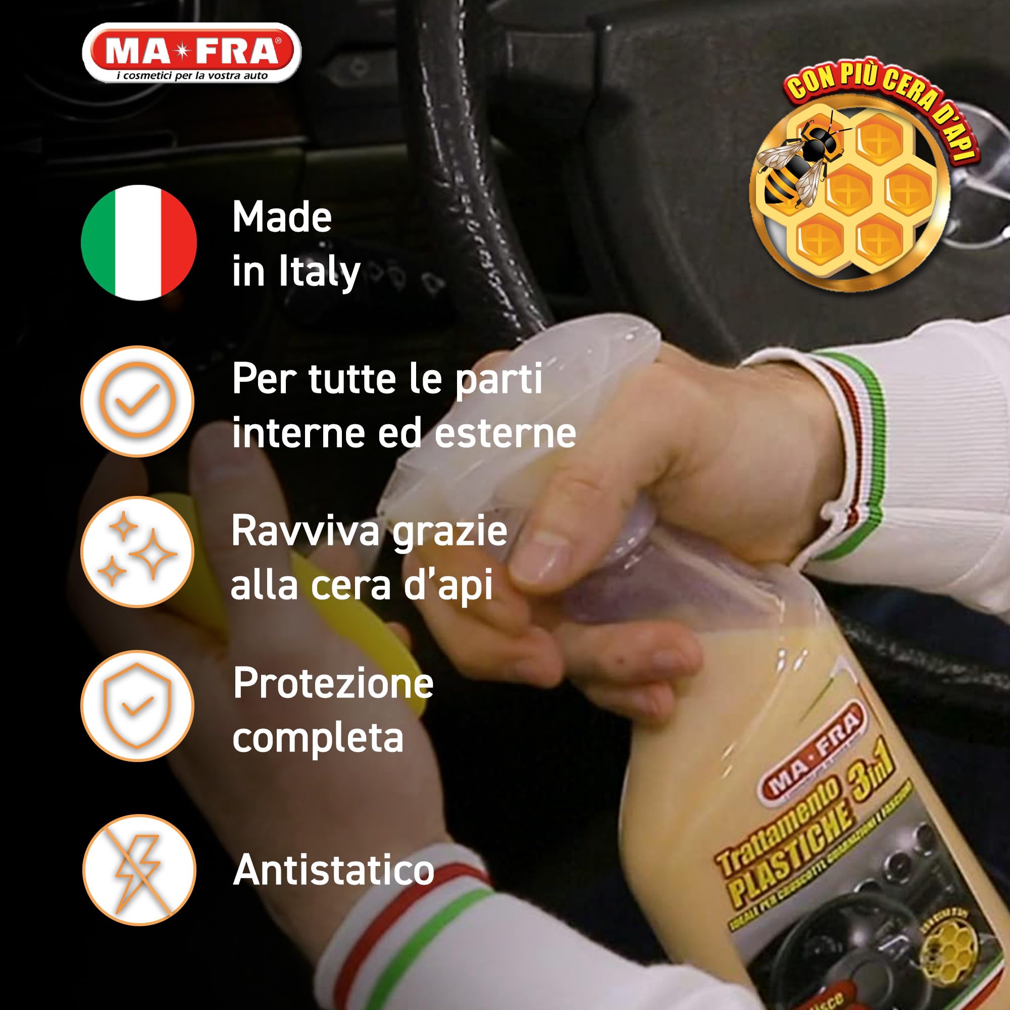Ma-Fra Trattamento 3in1 Plastiche, Pulisce, Ravviva e Protegge Parti Interne dell'Auto, Ideale per Cruscotti e Guarnizioni, Crea Barriera Anti Raggi UV, Rallenta Formazione di Polvere, Formato 500ml