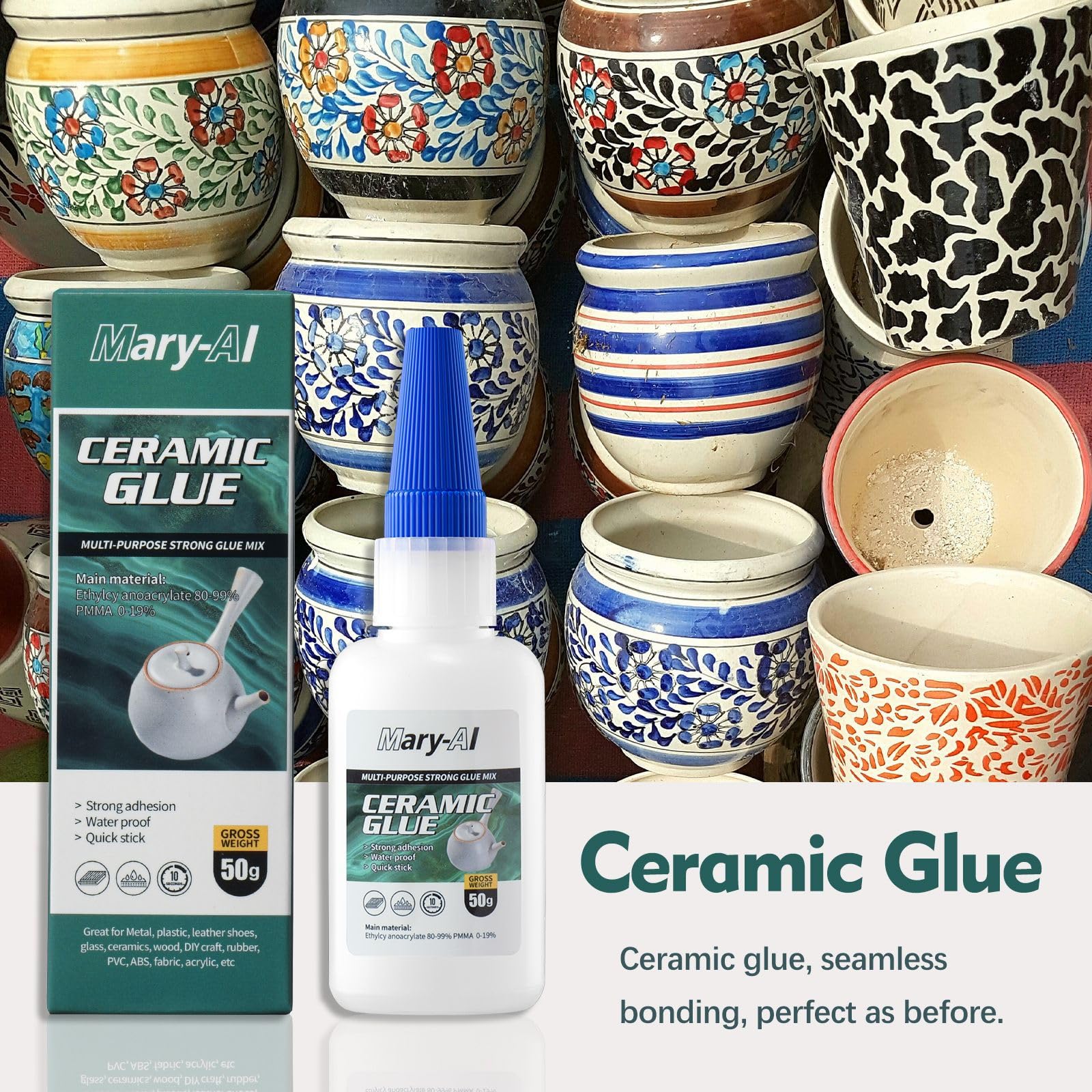 Klej błyskawiczny do ceramiki, bardzo mocny klej do porcelany, klej ceramiczny, bardzo mocny klej błyskawiczny, odporny na wysoką temperaturę, wodoodporny, silnie mocujący się do ceramiki