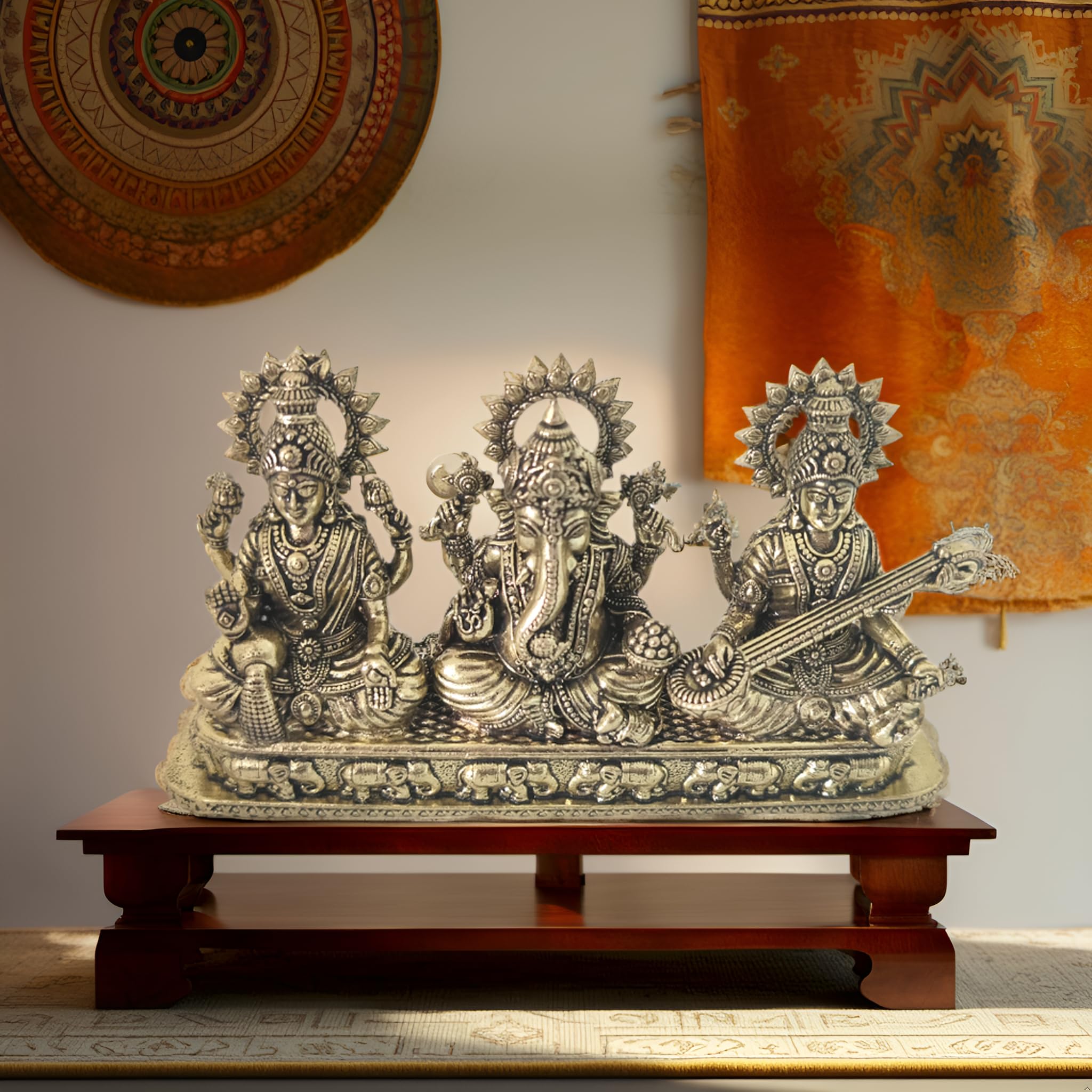 BEXCO Brass Laxmi Ganesh Saraswati Idol, Traditional Antique Gold Finish, 5.1 x 1.2 x 2.8 inches, 270 GMS Hindu Religious Statue for Daily Worship