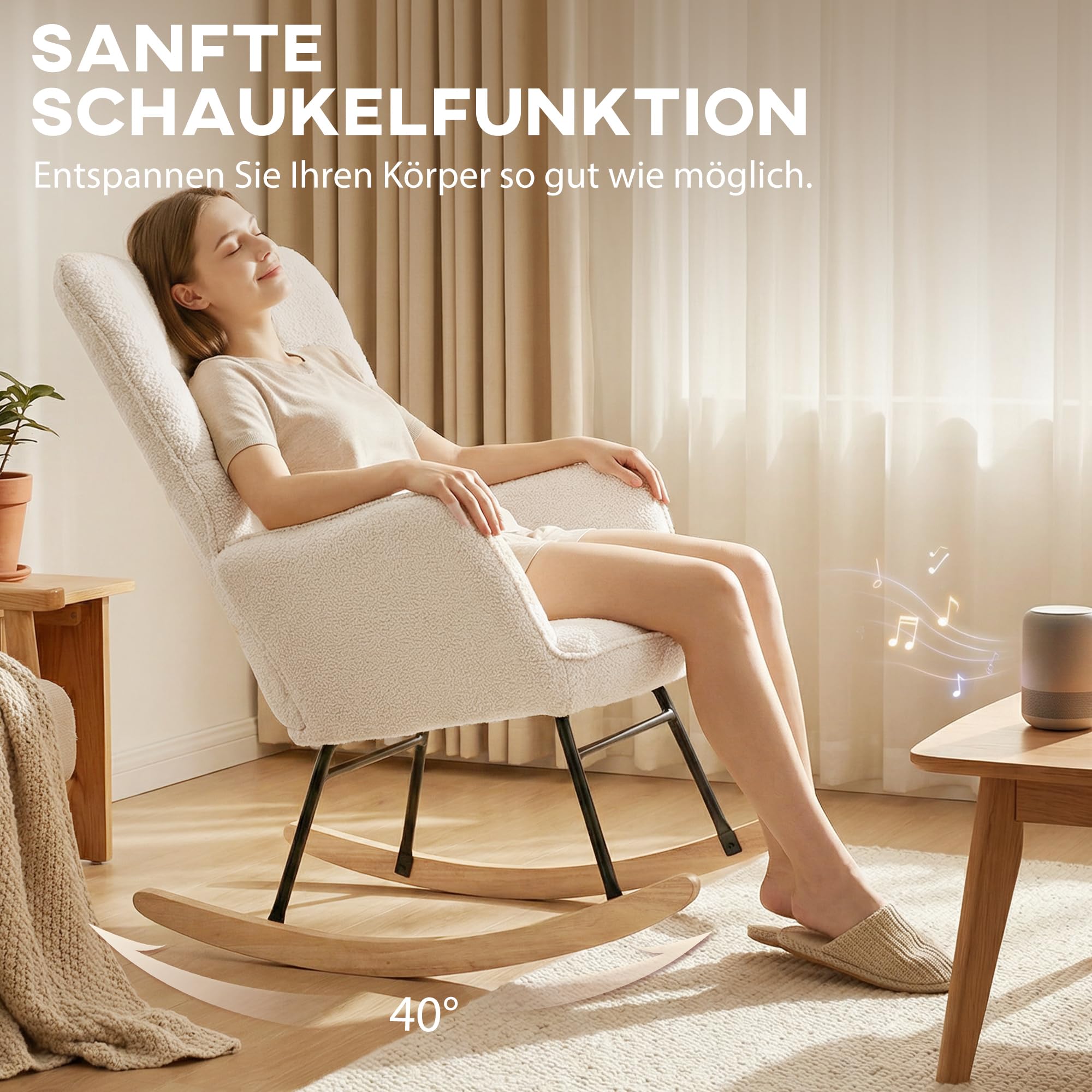 HOMCOM Fotel bujany, fotel bujany, akcentujący, do salonu, fotel relaksacyjny, fotel bujany do sypialni, obciążenie do 120 kg, włóknina berberyjska, kolor beżowy, 71 x 92 x 101 cm