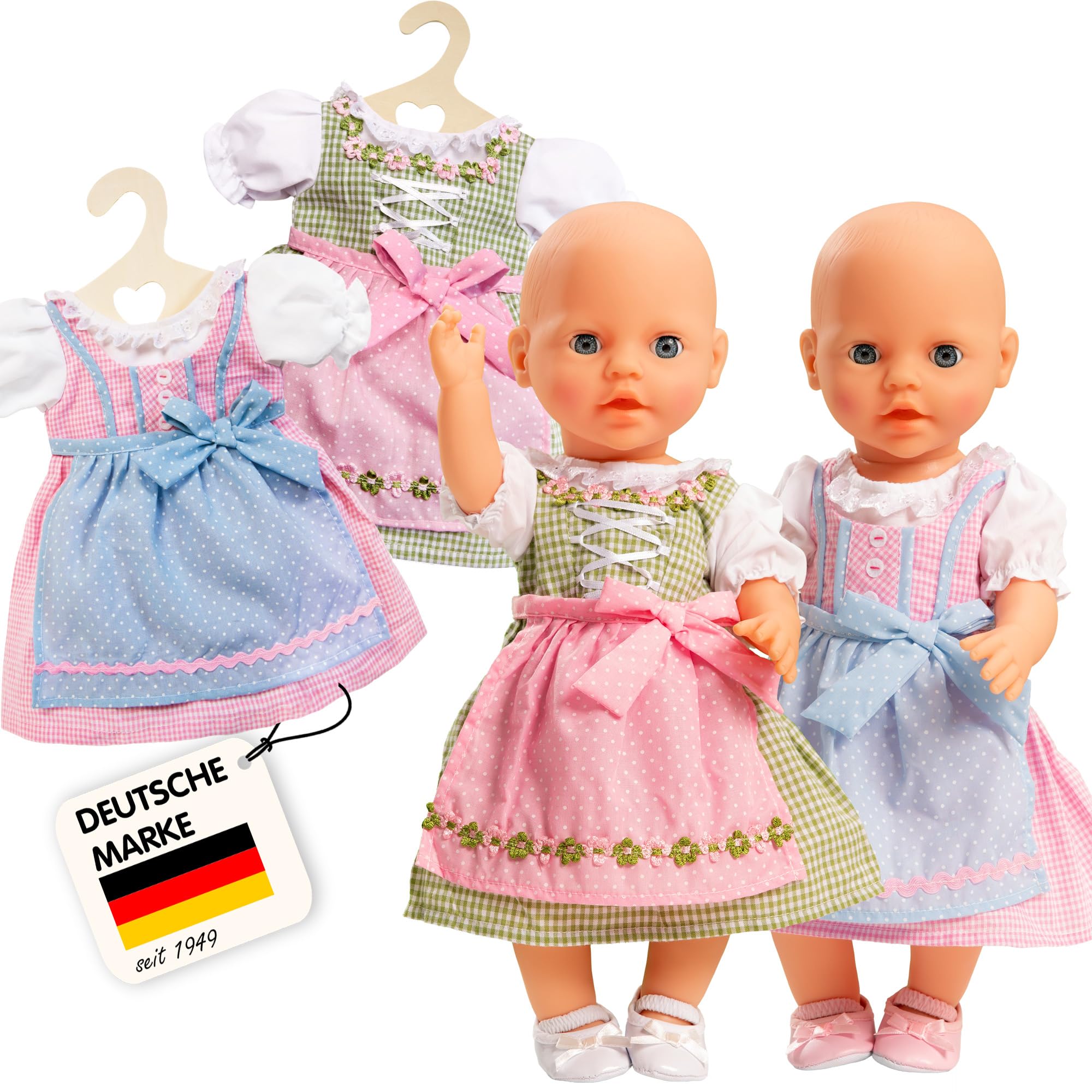 Heless 2111 - Fesches Dirndl, für Puppen, 1 von 2 Designs (zufällige Auswahl), Größe 35 - 45 cm