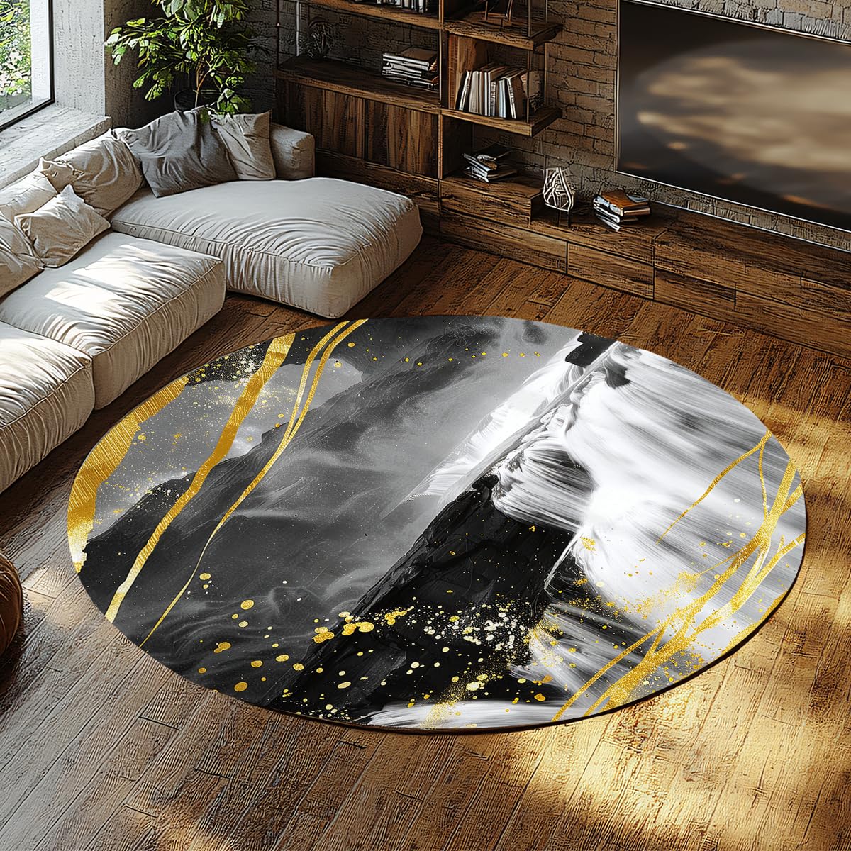 Tapis de chambre d’enfant doux à poils ras motif coup de pinceau gris noir et or