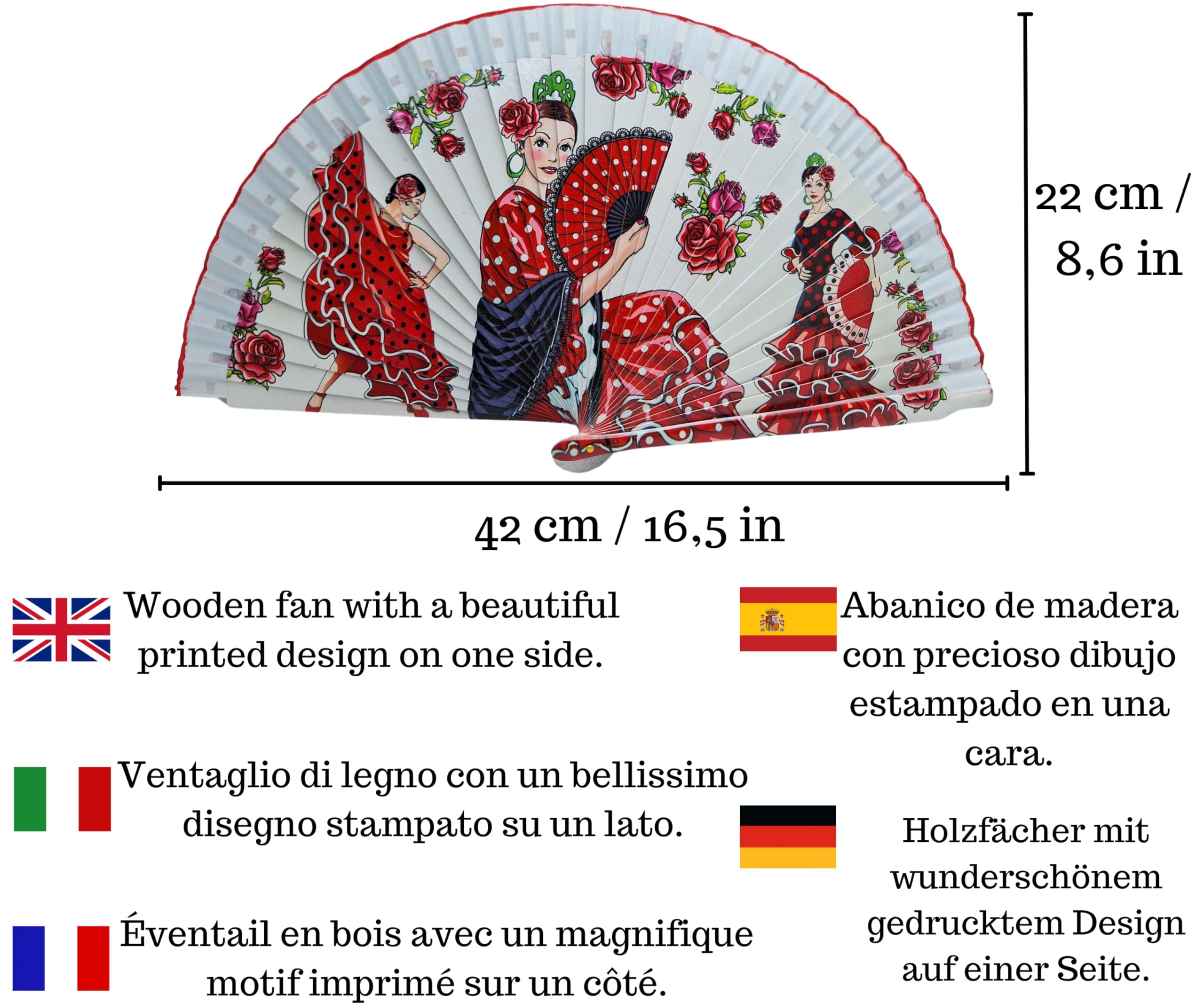 Abanico Plegable con Funda. Tela Estampada de Algodón sobre Madera. Dibujos de la Cultura española (Flamenco, Toreros, Toros, Bailaores etc...) (3 bailaoras Rojo)
