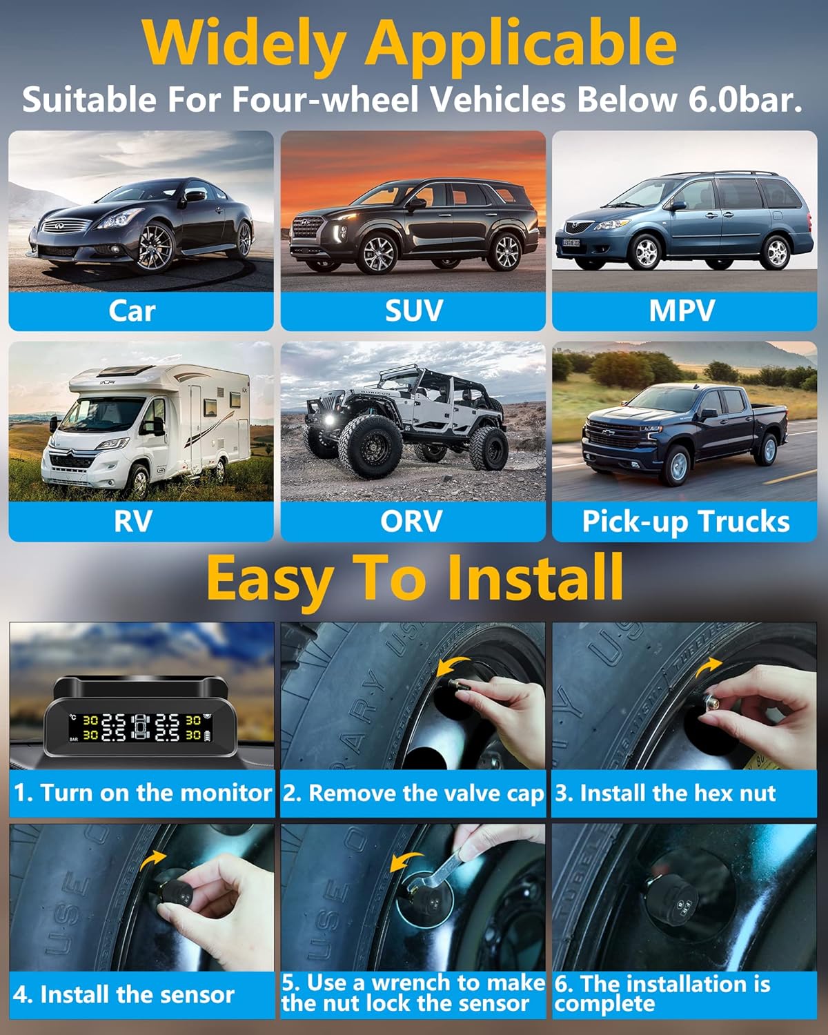 Step-by-step guide for installing Jansite TPMS external sensors, showing removal of valve cap, installation of hex nut, sensor, and locking with wrench.