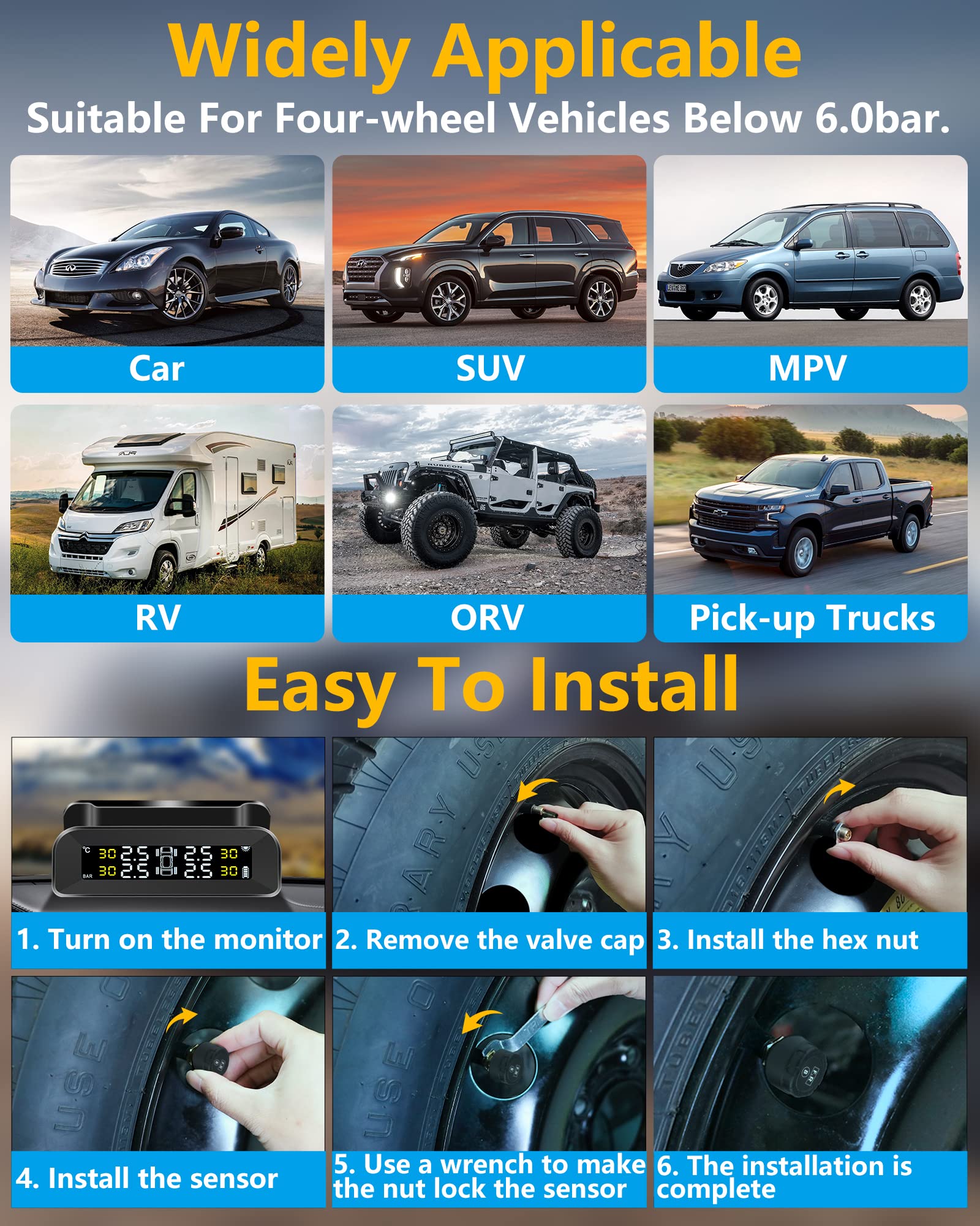 Sistema di Controllo della Pressione degli Pneumatici Solare Wireless TPMS Rilevamento in Tempo Reale Sistema di Monitoraggio della Pressione dei Pneumatici con 4 Sensori Pressione Pneumatici per Auto
