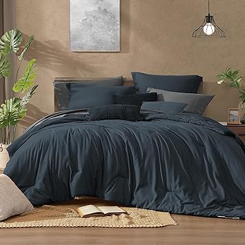 Monbix Queen Comforter Set - 7 Pieces Cationic Dyeing Navy Blue Bed in a Bag Queen Bedding Sets with Comforter, Sheets, Pillowcases & Shams, Reversible Bedding Comforters Sets