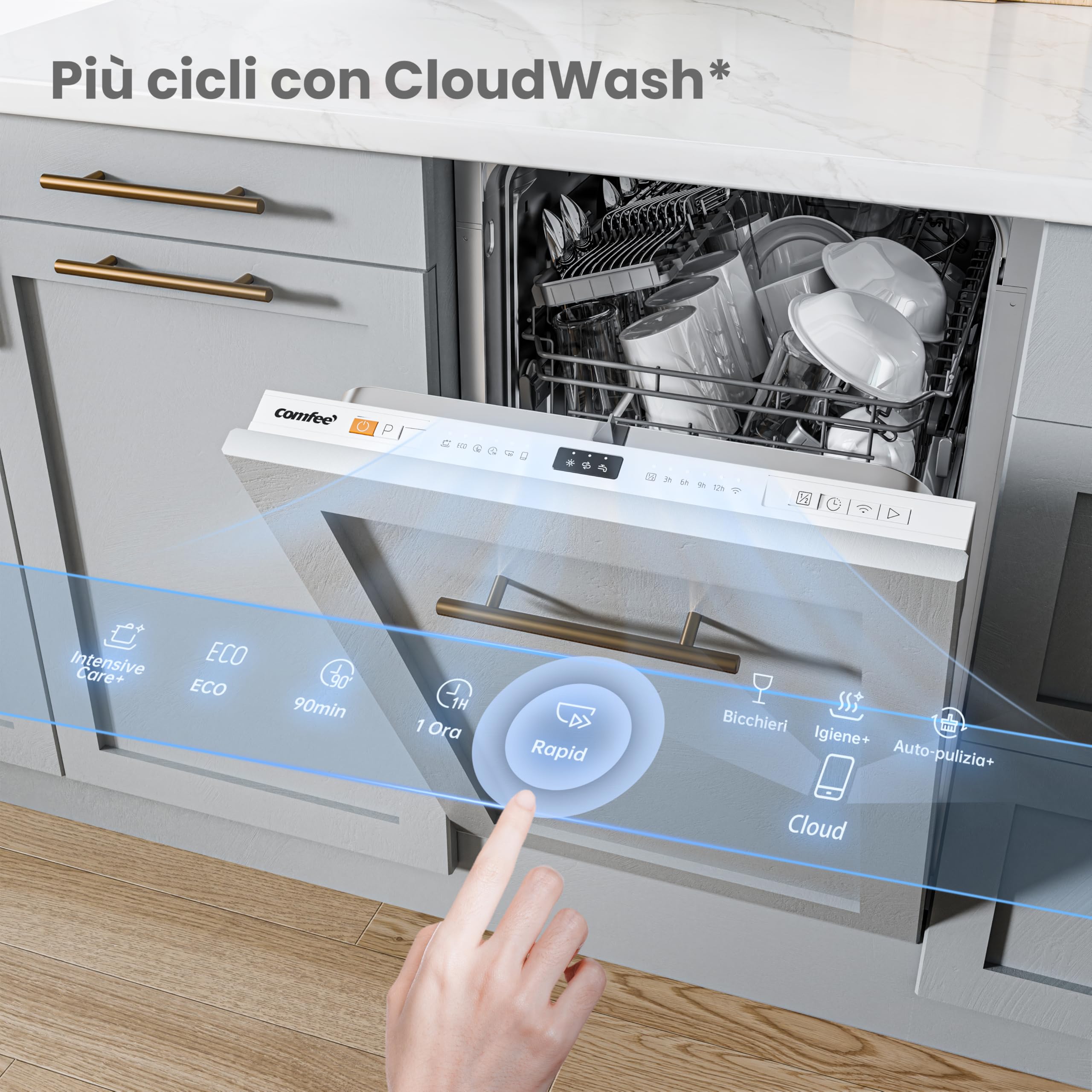 COMFEE Lavastoviglie da Incasso 45 cm 10 Coperti 8 Programmi Wifi Inox | 72℃ Hygiene Wash, Cloud Wash, Mezzo Carico, Asciugatura Extra, Sistemi rack flessibili, Avvio Ritardato, WiFi Home Connect