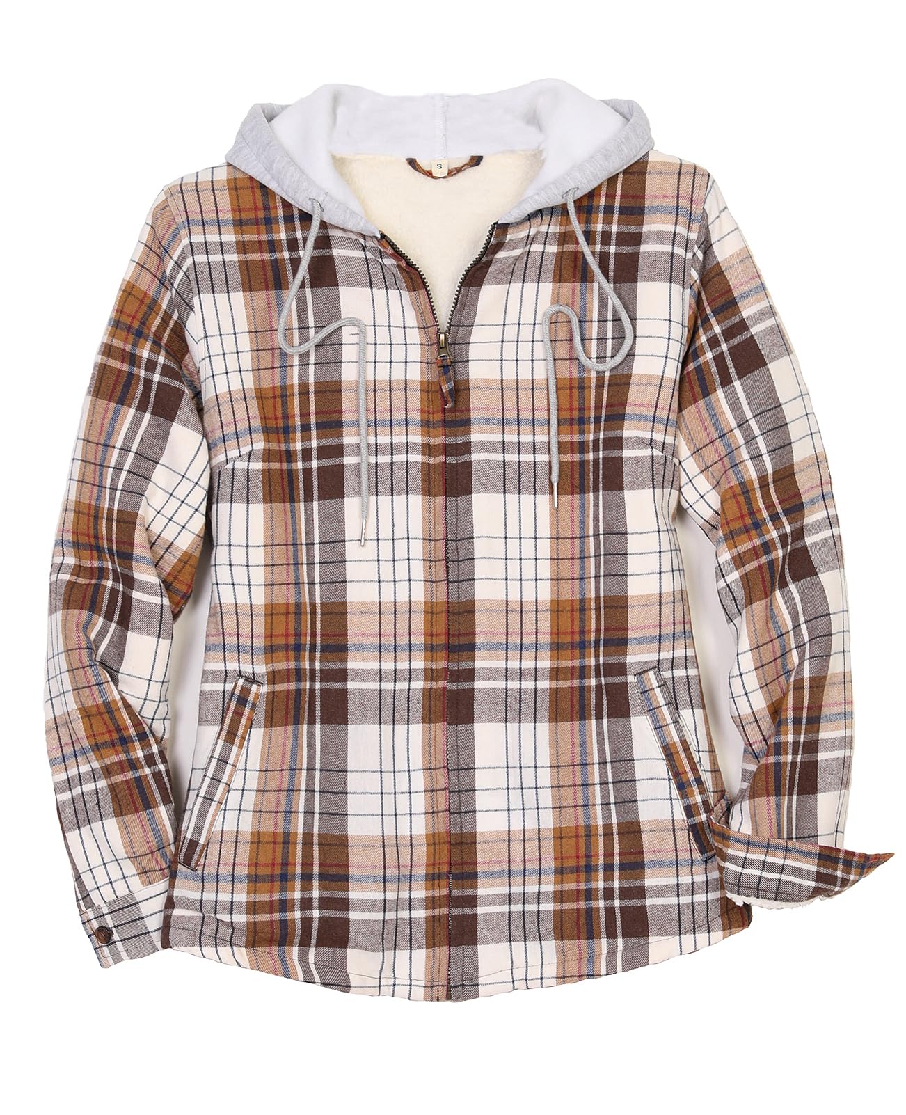 ZENTHACE Flanell-Hemdjacke mit Kapuze für Damen, Sherpa-Futter, durchgehender Reißverschluss, für Herbst und Winter, kariert