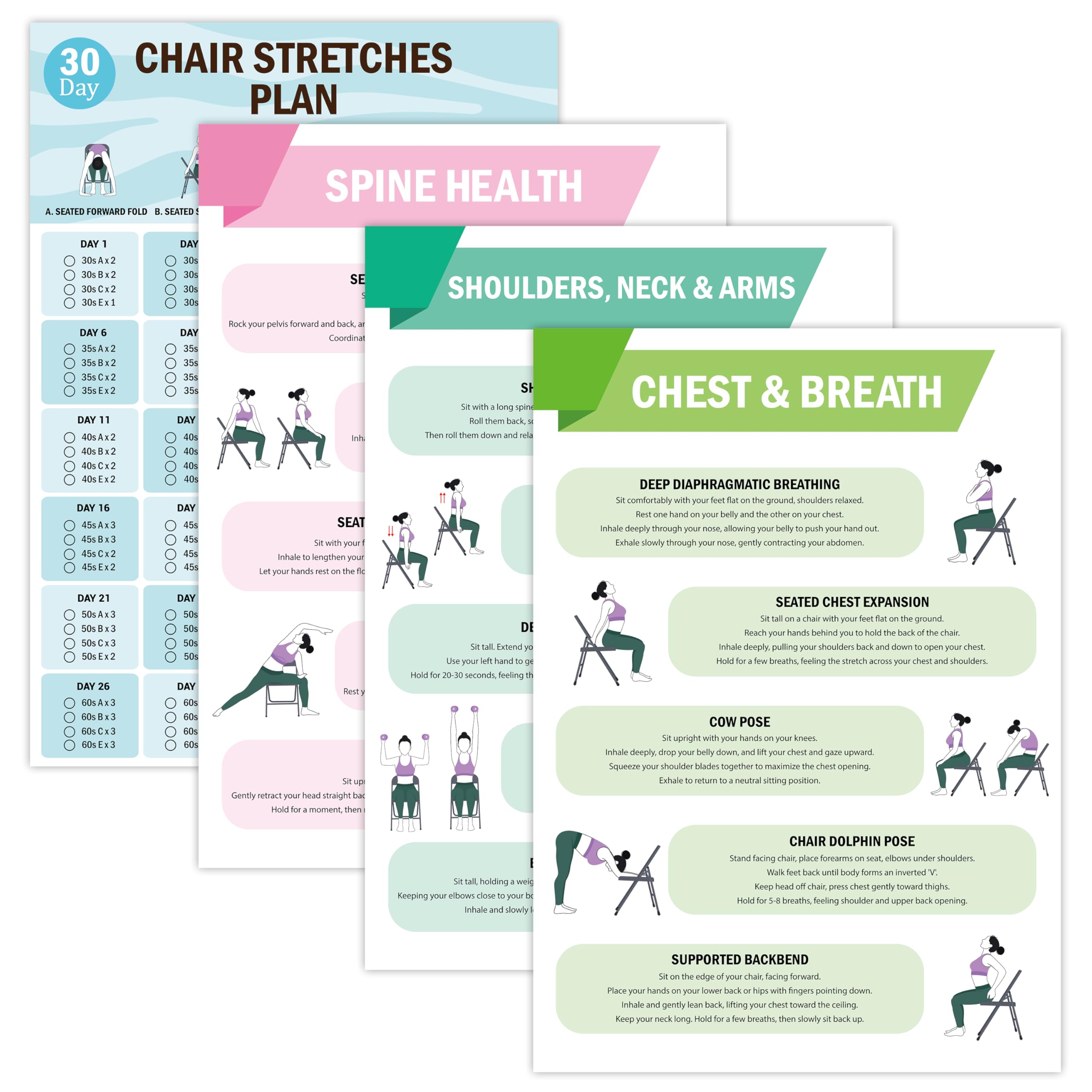 TICIAGA Chair Yoga Workout Poster - 12PCS 30-Day Stretching and Gentle Seated Exercise Chart for Senior & Beginner, Chair Yoga Learning Workout Exercise Guide for Balance, Flexibility & Home Fitness