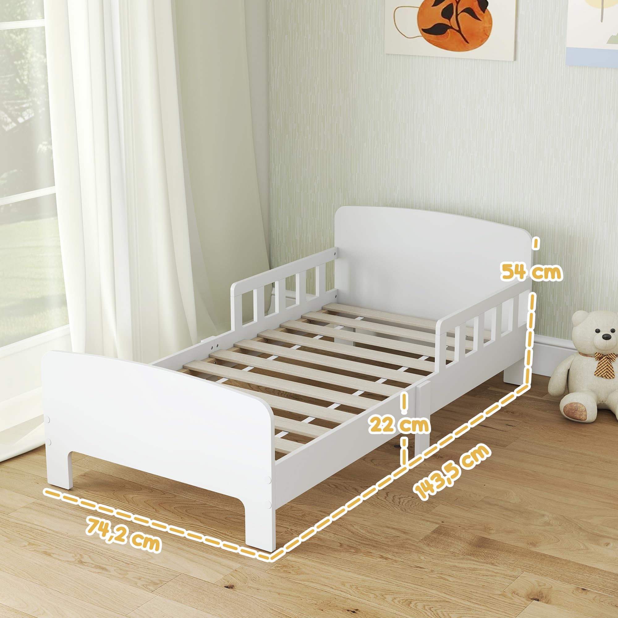AIYAPLAY Lit Enfant, Lit au Sol Enfant, pour Matelas 140 x 70 cm, Blanc | Barrières de Sécurité Haute, Sommier à Lattes, Cadre Robuste, pour Fille et Garçon de 3 à 8 Ans