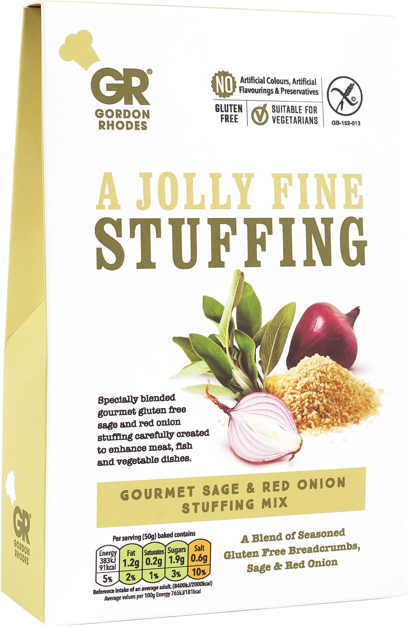 Gordon Rhodes' Gourmet Sage and Red Onion Stuffing Mix is Gluten Free and Easy to Prepare to Enhance Meat, Fish and Vegetable Dishes. Vegan Approved(1 x 125gm)