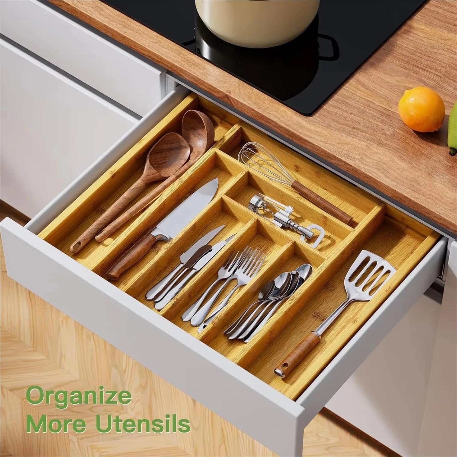 Cubertero Cajon Organizador de cubiertos bambú, bandeja extensible for, organizador utensilios cocina for cucharas, tenedores y cuchillos, multiusos