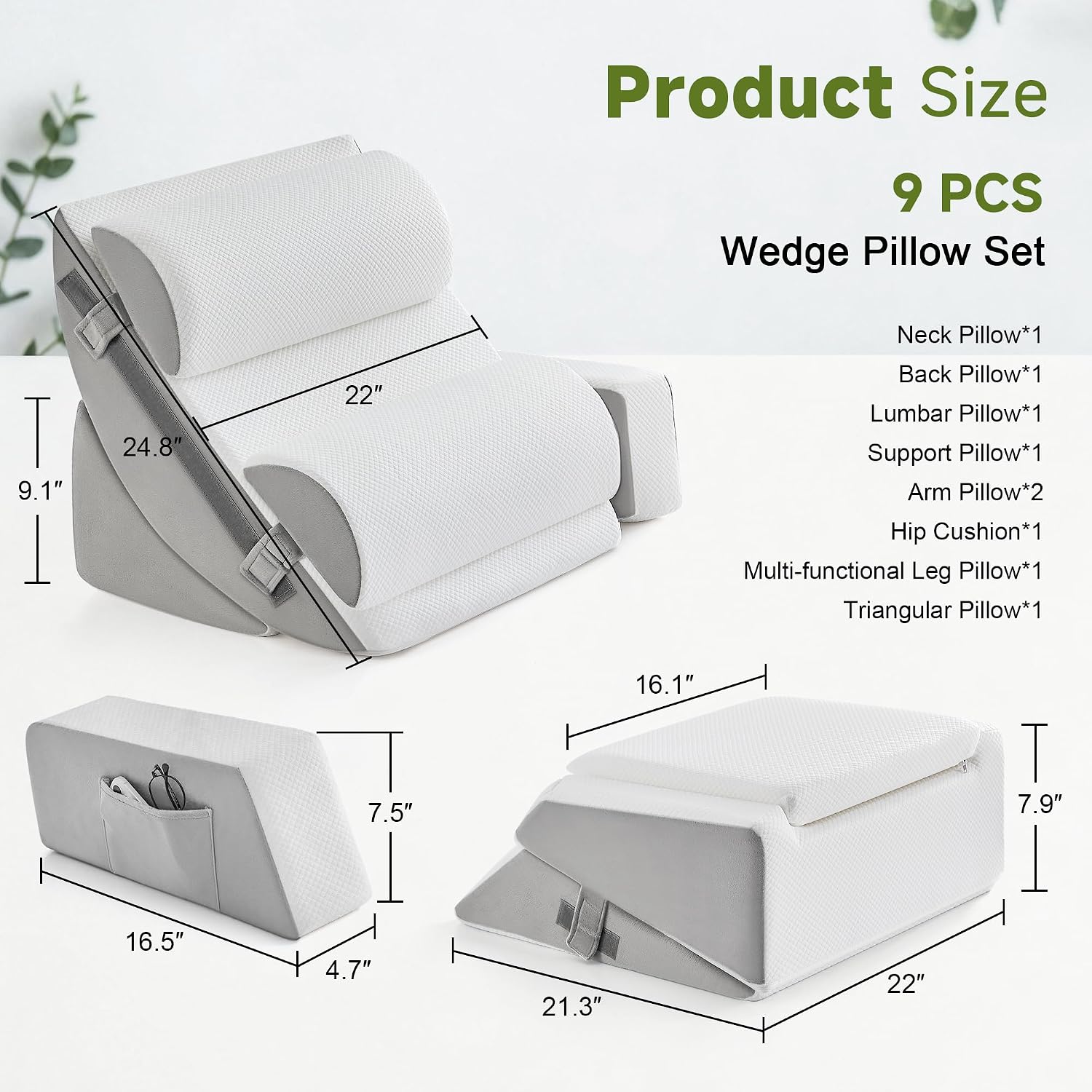9PCS Wedge Pillow Set for After Surgery, Adjustable Multi-Module for Sleeping Wedge Pillow for Acid Reflux Relief and Sleep Apnea, Ideal for Reading in Bed, Resting, and Leg Elevation Pillow, Gray
