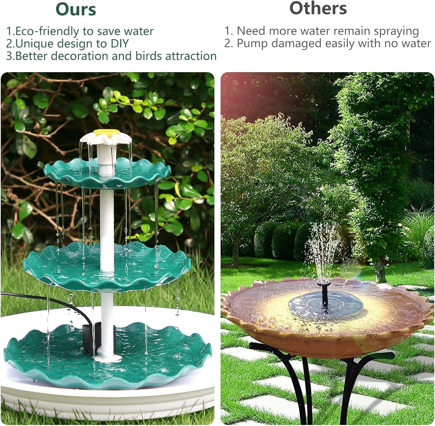 AISITIN DIY Brunnen,Vogeltränke Sets mit 3,5W Solar Springbrunnen, 3 Stufige Vogelfütterer für Draußen,Vogelbad und DIY Solarbrunnen Abnehmbar und Geeignet für Garten,Wasserspiel(Dunkelgrün)