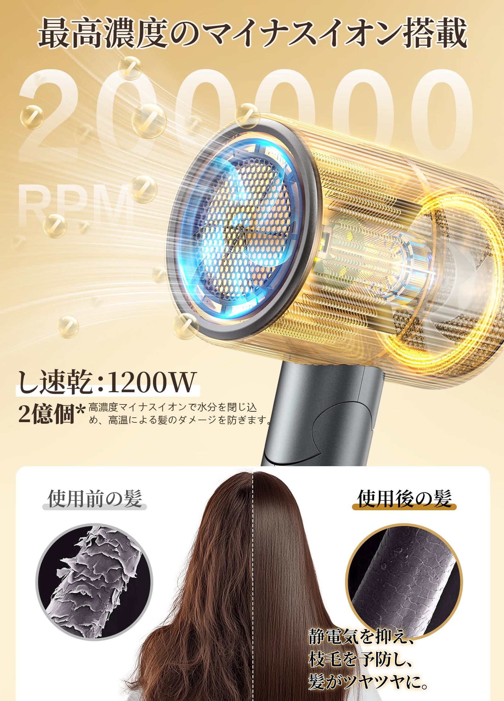 Amazon.co.jp: ドライヤー 1200W 大風量 速乾 マイナスイオン ヘア