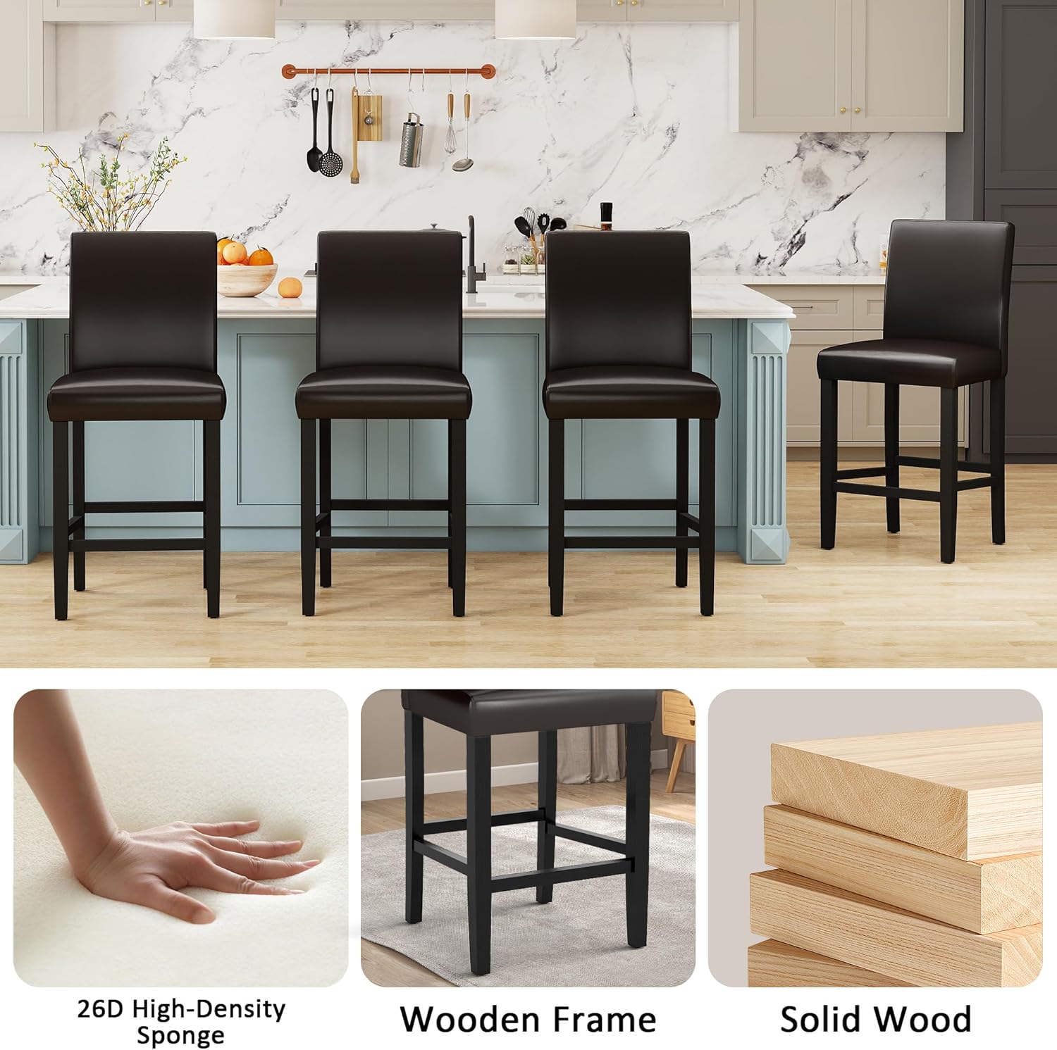LSSPAID Counter Height Bar Stools Set of 4, 24.8 Inch Upholstered PU Leather Barstools, Modern Kitchen Island Chairs with Backrest and Solid Wood Legs, Dark Brown