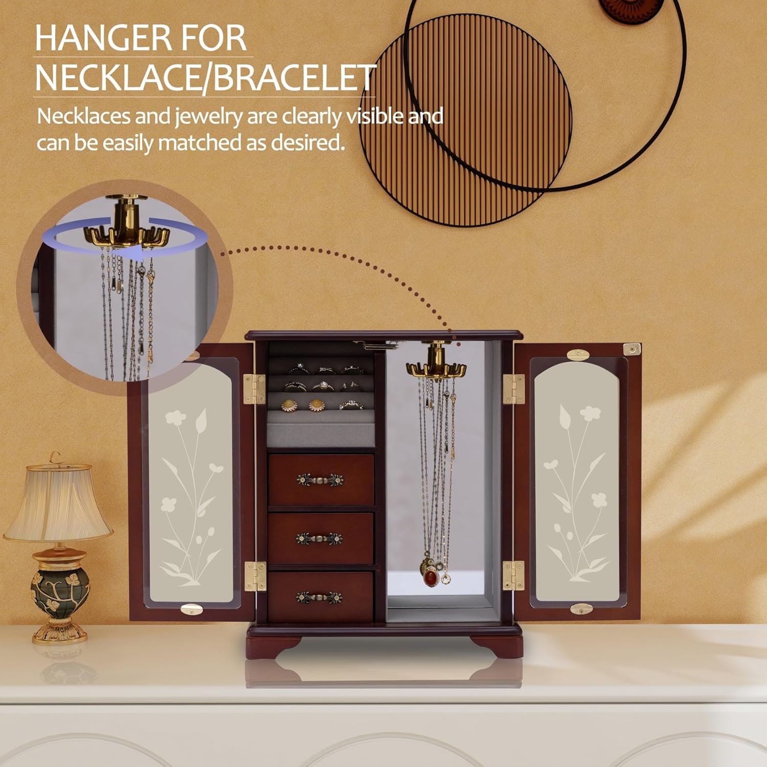 Dark Brown Jewelry Boxes,Handle Carving Craft Large Jewelry Box,With Swivel Hook And Velvet Lining Wooden Jewelry Boxes For Women,Suitable As Gift For Friends - Image 5