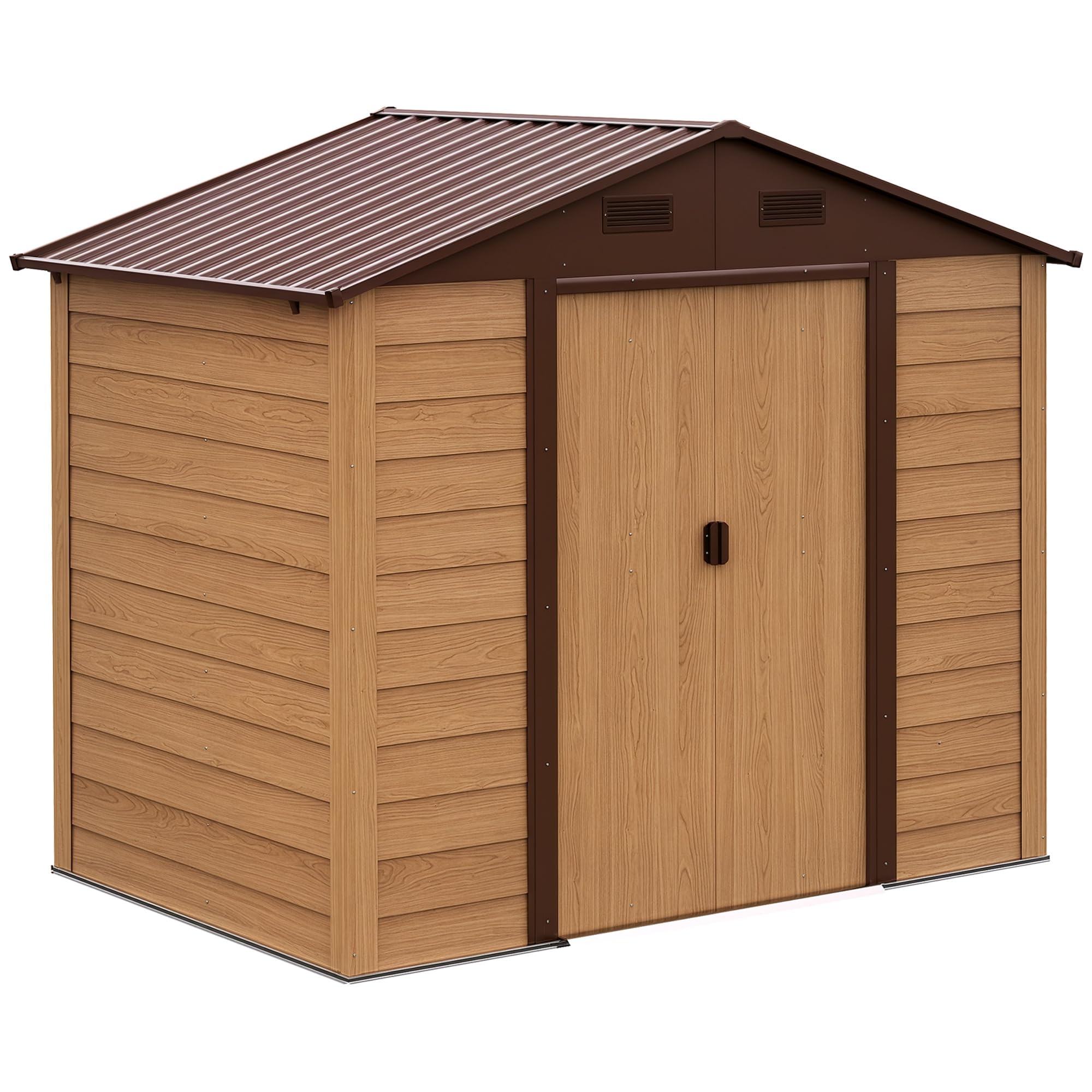 Outsunny Gartenschuppen Geräteschuppen Gerätehaus Gartenhaus mit Fenster, Schiebetüren, wetterfest Gartenhütte mit Holzoptik Stahl Braun 152 x 235,7 x 208,7 cm