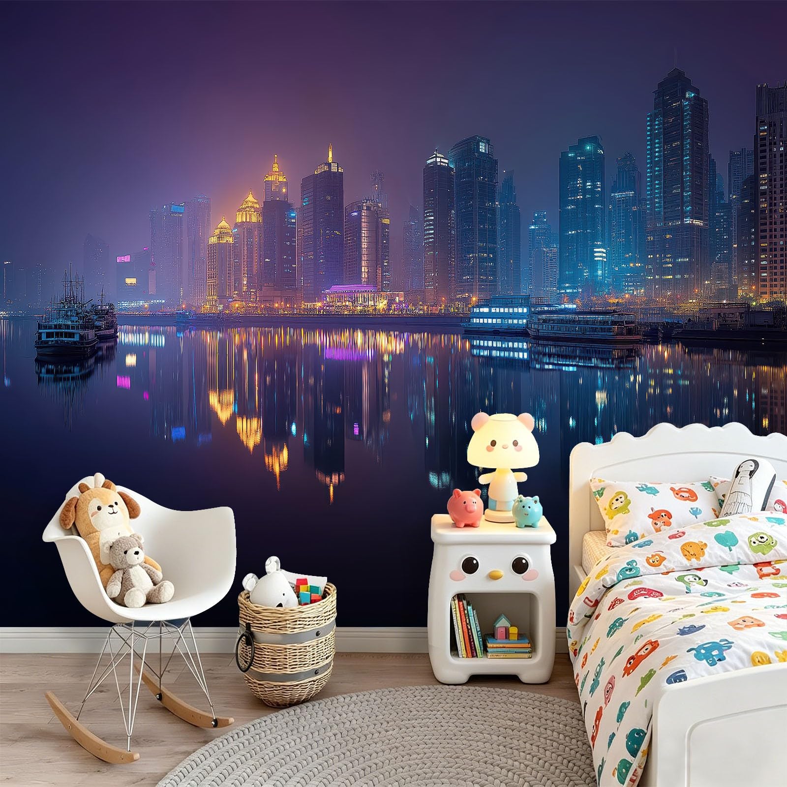 Fototapeta z włókniny, panorama miasta, widok nocny i odbicie rzeki, 250 x 175 cm, fototapeta, sypialnia, salon, nowoczesna tapeta ścienna, tapeta ścienna, wykonana na miarę, ciemnofioletowa