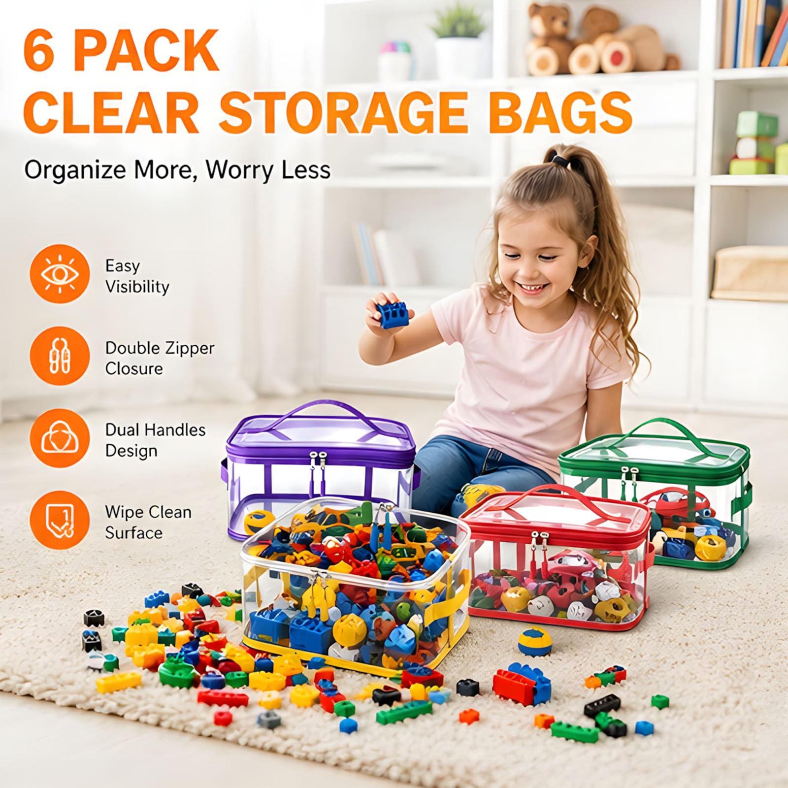 Bolsa organizadora de juguetes, juego de 6, bolsas de almacenamiento de PVC transparente con amplio acceso con cremallera, asas para clasificación en la habitación familiar, bolsa para estante de sala